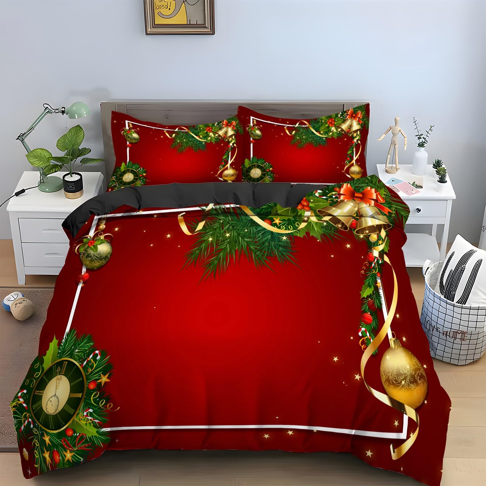 Housse de couette 160x200 boules de Noël avec 2 taies d'oreiller microfibre