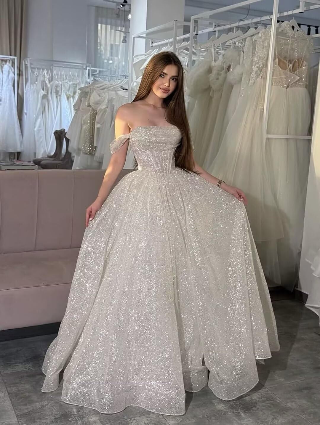 Off The Shoulder Prom Dresses 2026 Glitter Tulle Ball Gown Corset Wedding Dress