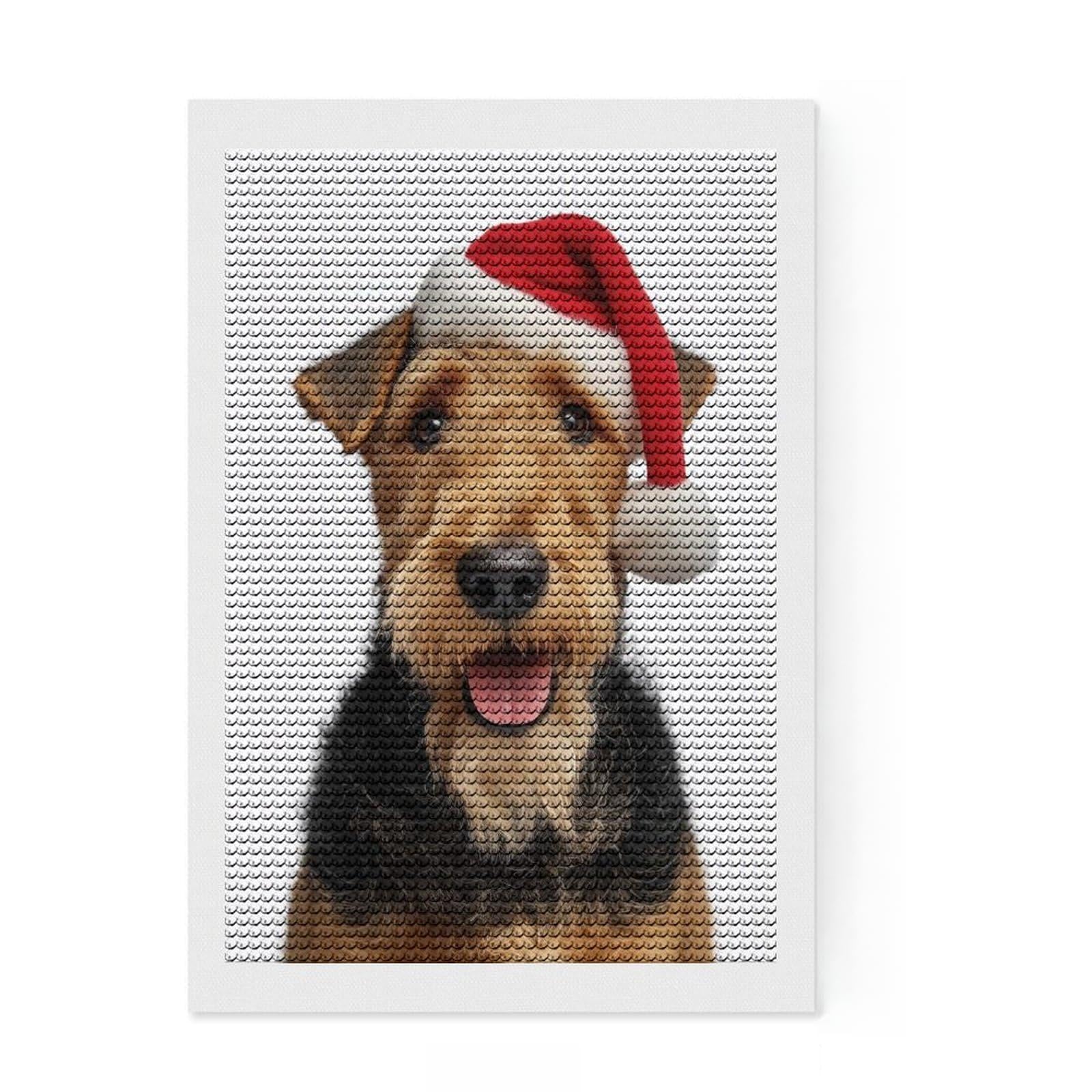 Junmoney Airedale Terrier Dog with Santa Hat Diamond Painting Set 8"x12", Relaxing DIY Hobby, Simple to Start, Aesthetic Room Decor, Gift Idea, Easy to Enjoy