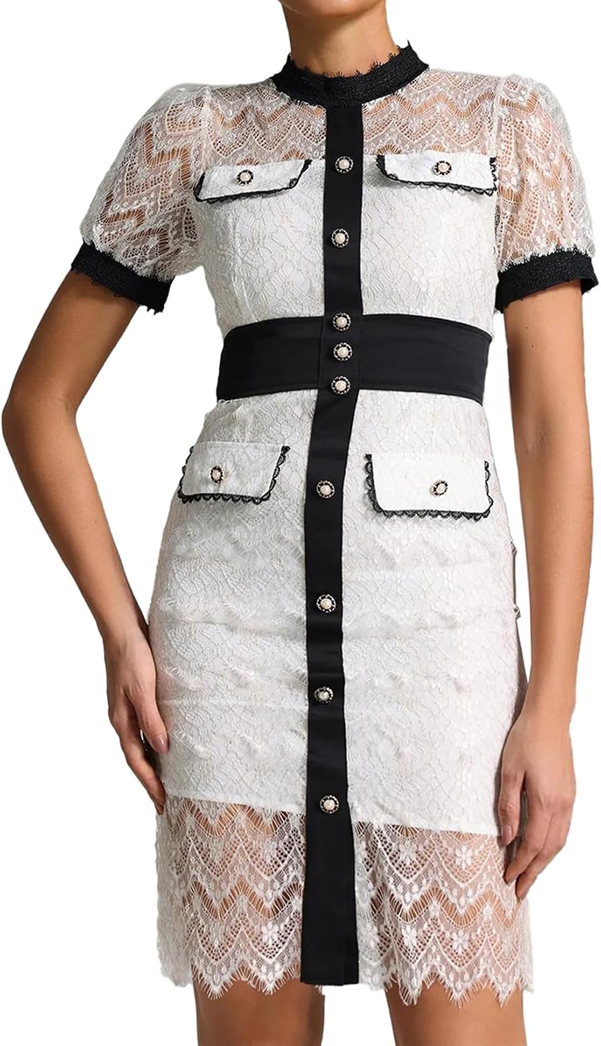 BELLA BARNETT White Lace Midi Dress Mock Neck Short Sleeve Wrap Dress for Women Button Down Dress Women Birthday Dress