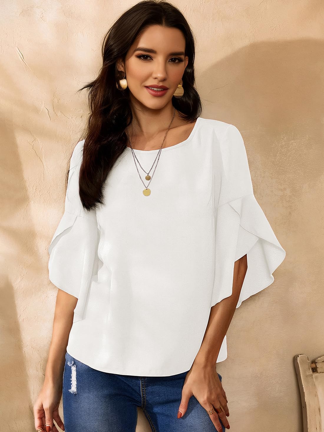 Womens Ruffle 3/4 Length Sleeve Tops 2026 Trendy Summer Dressy Casual Chiffon Blouses Loose Fit Work Shirts - Image 6