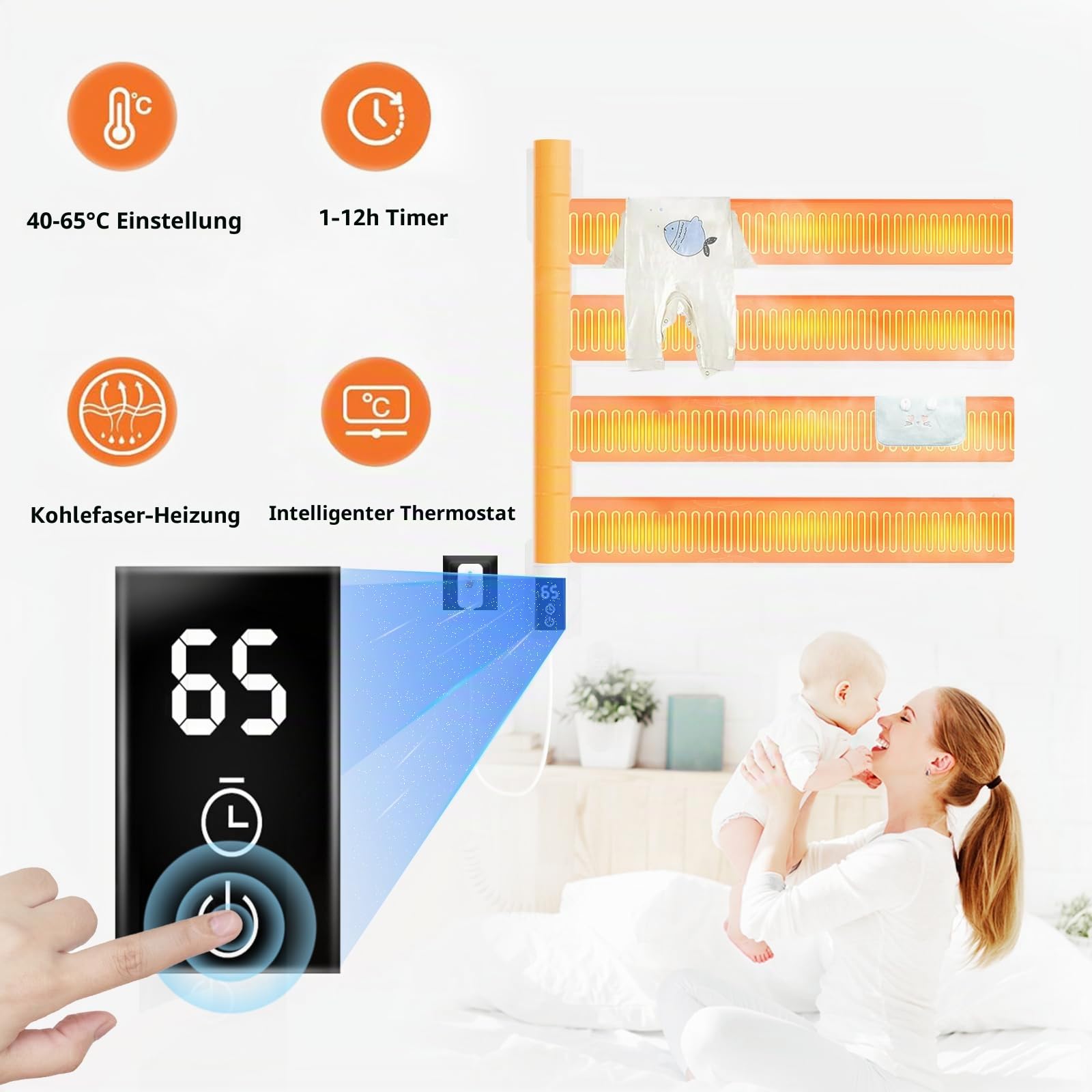 TINS Handtuchheizkörper Elektrisch Weiß Badheizkörper Elektrisch mit LED Anzeige 180° Drehung Elektrischer Handtuchhalter mit Timer/Einstellbarer Temperatu Intelligenter Thermostat-35.1×44.4×9.5 cm