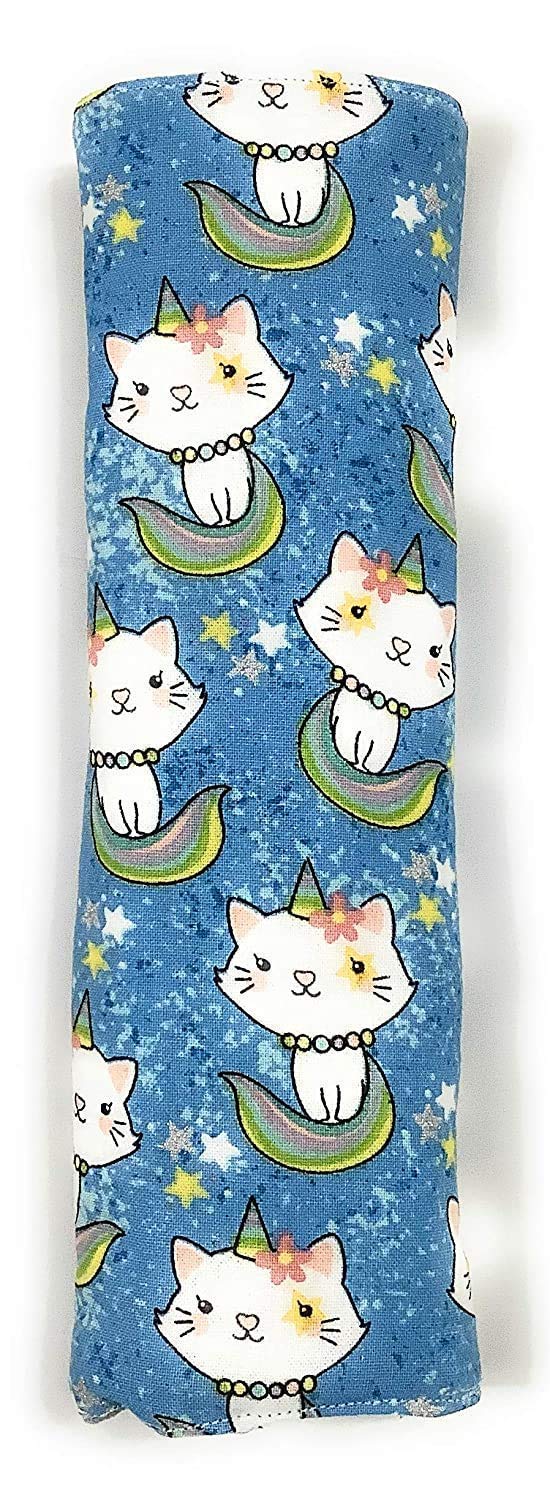 Blue Rainbow Star Glitter Caticorn Seatbelt Cover, Unicorn Kitty Cat Car Truck, Snap Hook, Cushion Seat Belt Shoulder Pad, Padded 100% Cotton, Rubbing Protect, Soft Comfortable Driving, Adult Child