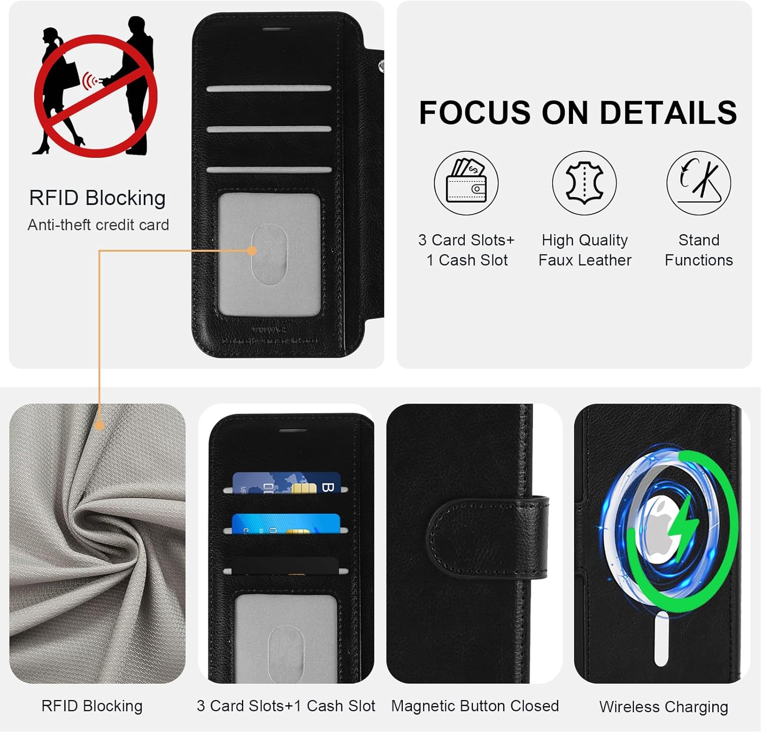 VANAVAGY Compatible for iPhone 12/12 Pro Wallet Case for Magsafe Wireless Charging, PU Leather Flip Folio Phone Cover with Wrist Strap RFID Blocking Card Holder Screen Protector,Black - Image 3