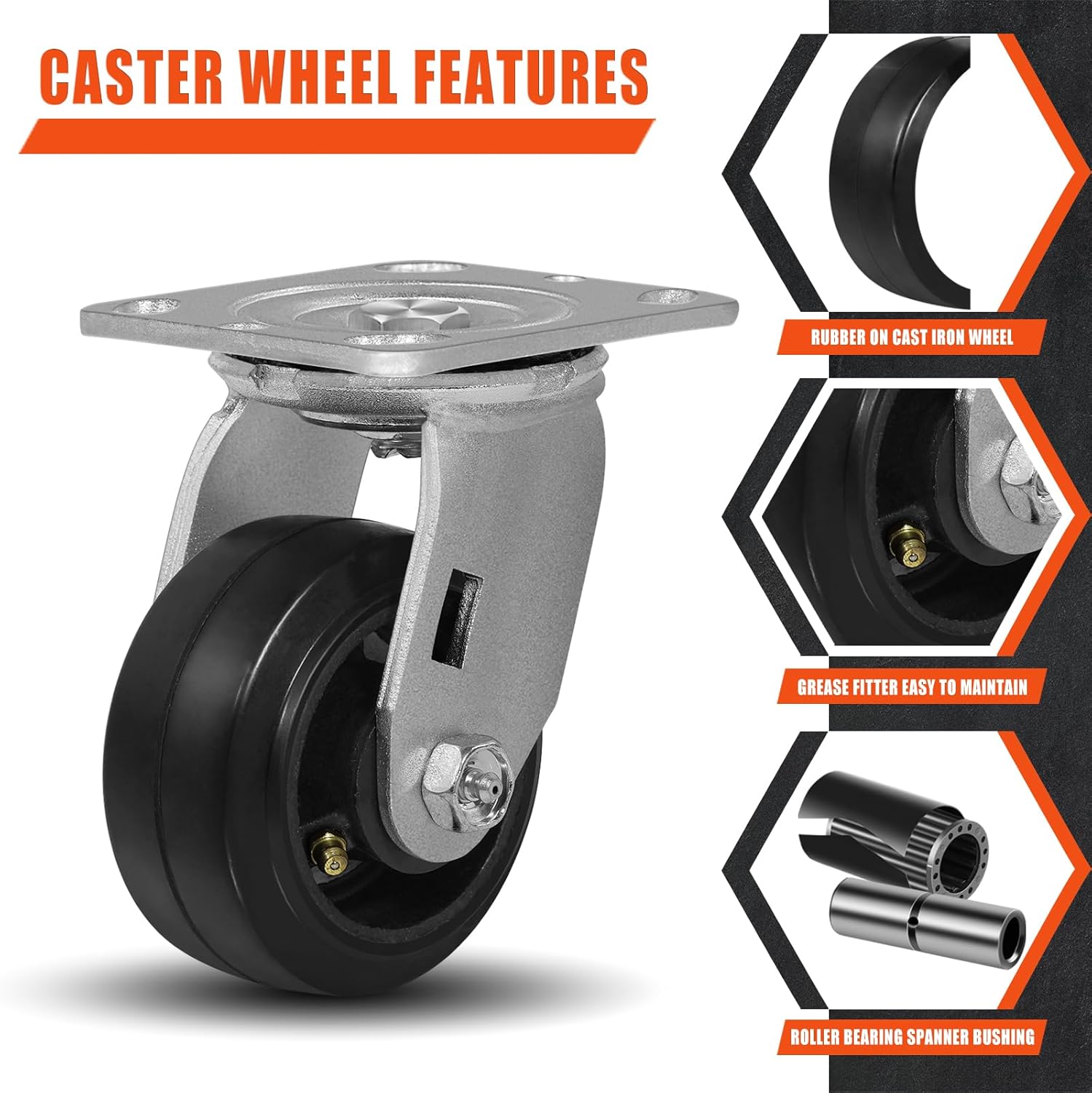 Caster Wheels 4" x 2" Heavy Duty Industrial Casters,Rubber on Cast Iron Wheels,2 Swivel Top Plate Casters, Load Capacity 1400 lbs
