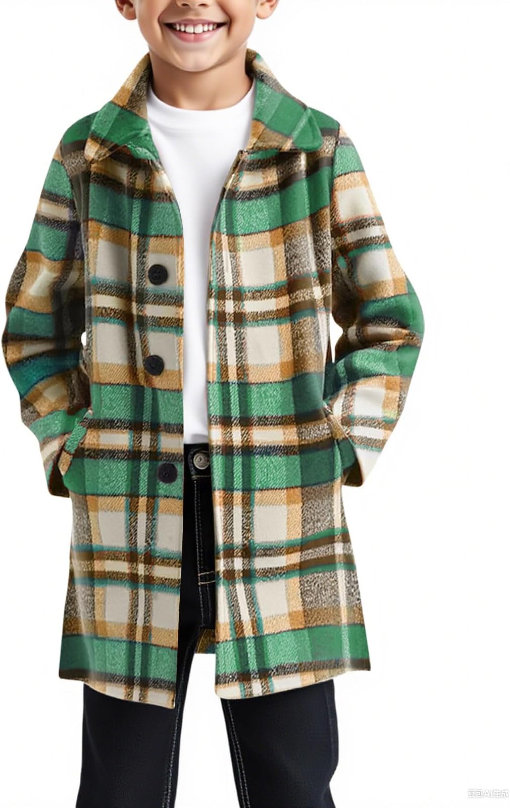 Boys Plaid Dress Coat Kids Fall Button Down Wool Blend Pea Coats Jackets with Pockets 5-14 Years