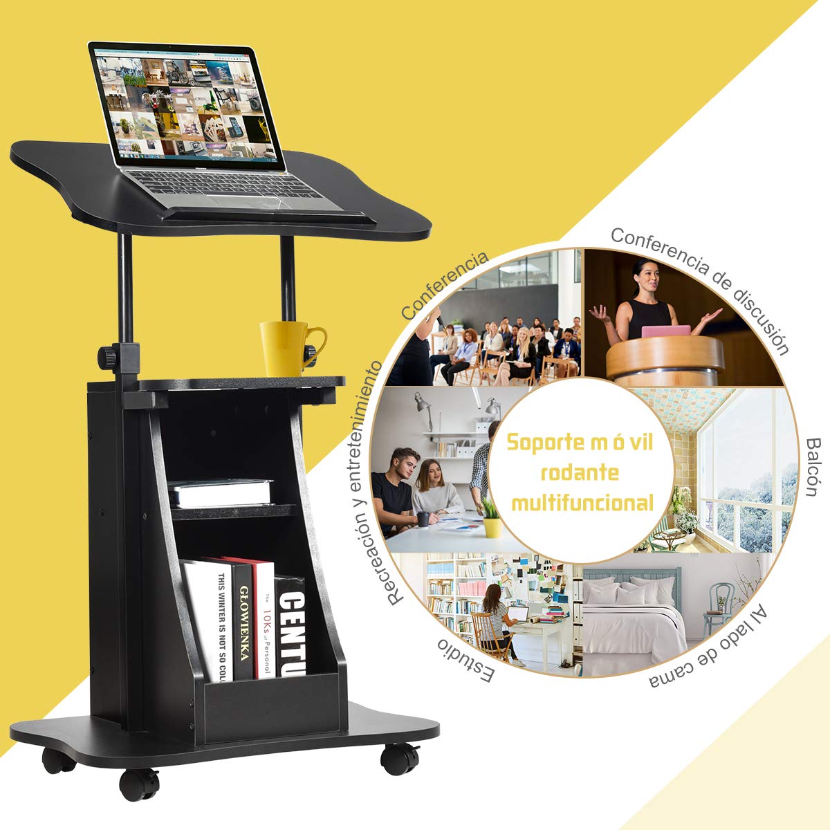COSTWAY Mesa para Ordenador Portátil Altura Ajustable con Ruedas y Estante Carro para Computadora para Oficina Hogar Negro