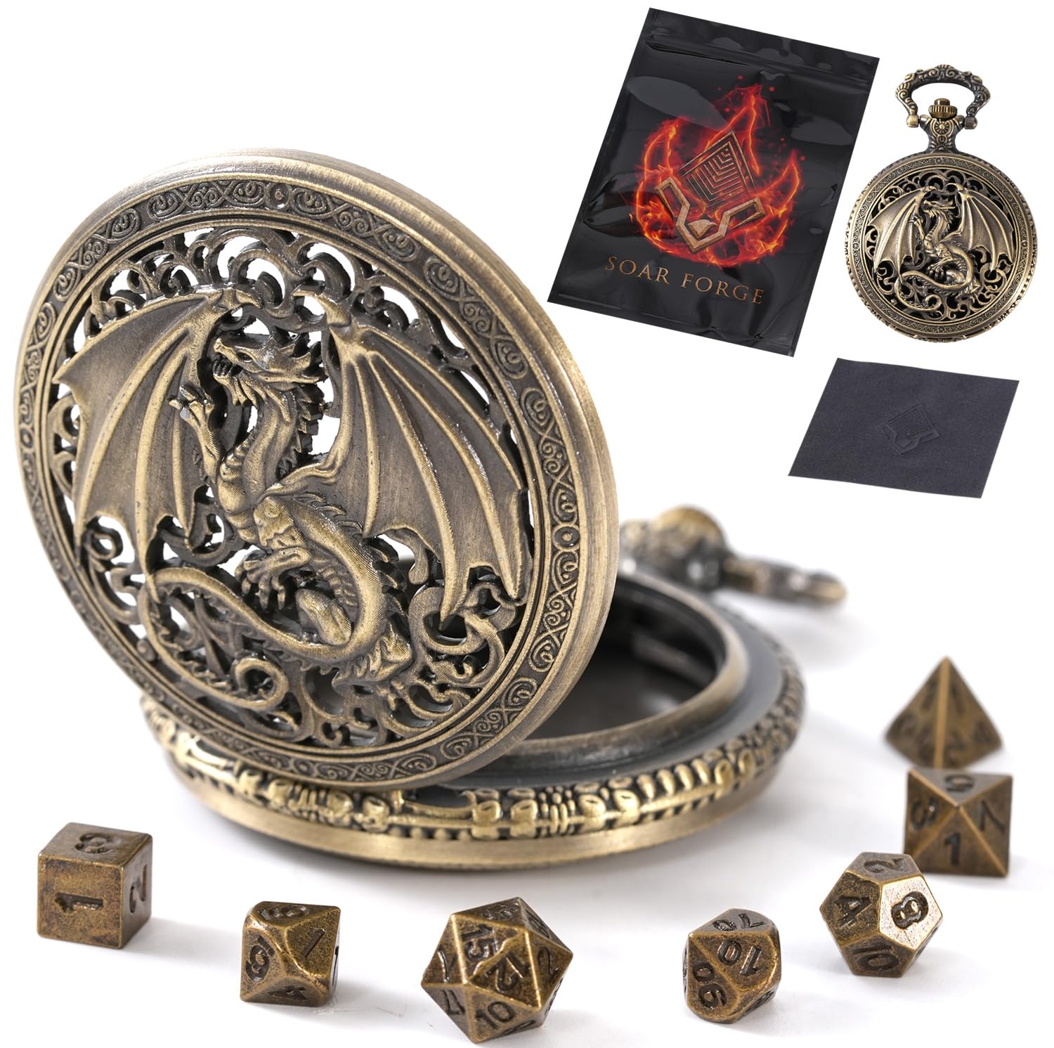 Soar Forge Micro Metal Dice Set for DND: MiniChrono's Tiny, Quality Mini Set in a Hollow Dragon Pocketwatch - Portable Dungeons and Dragons (D&D) TTRPG Accessory (Bronze + Bronze Dice)