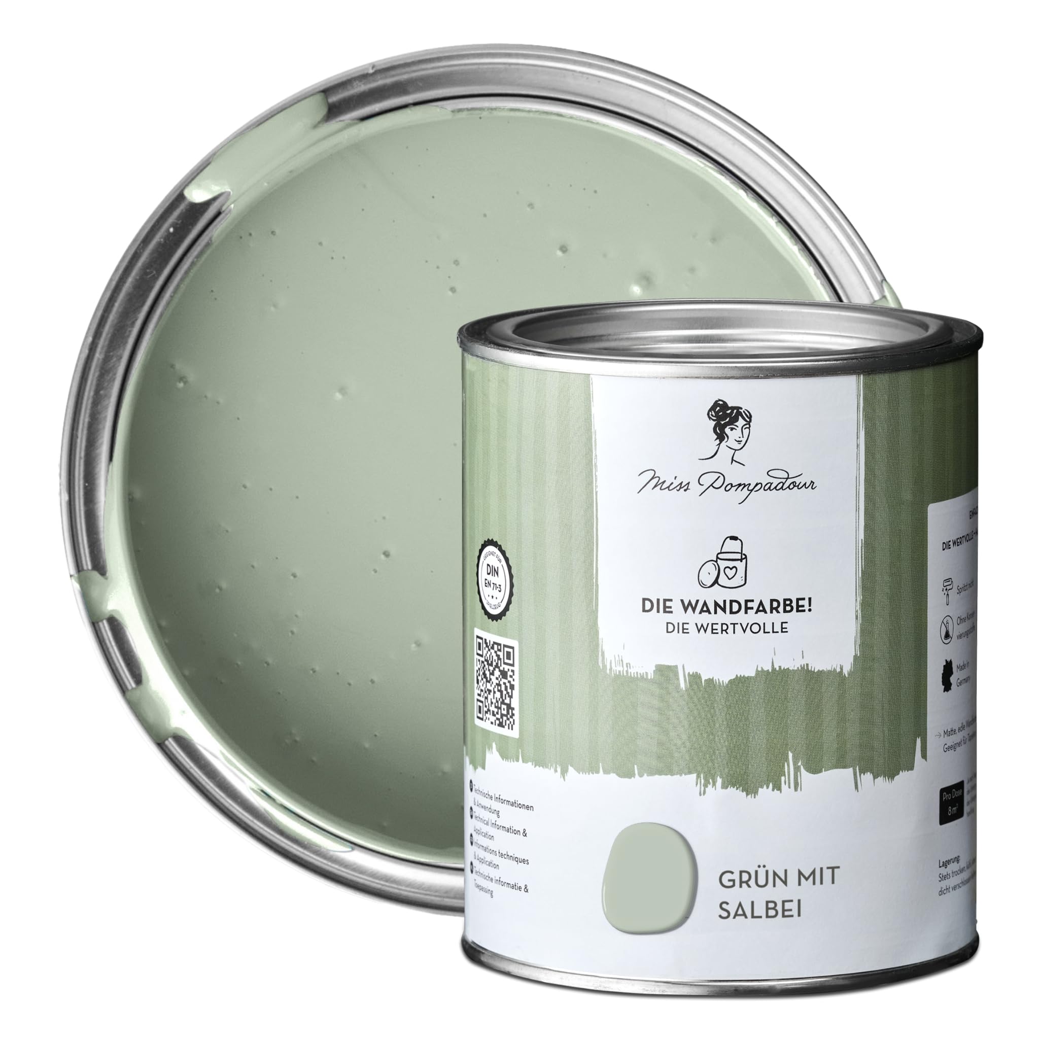 MissPompadour edelmatte Wandfarbe Grün mit Salbei 1L - sehr hohe Deckkraft - geruchsneutrale, spritzfreie Farbe - atmungsaktive, wasserbasierte Innenfarbe/Deckenfarbe - Die Wertvolle