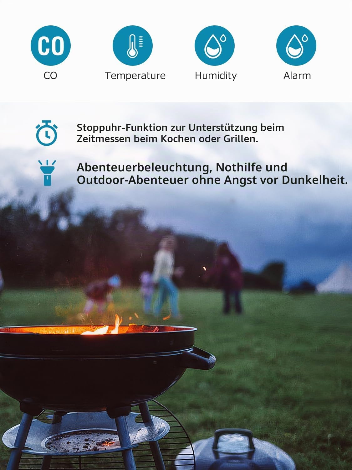 CF-9R kohlenstoffmonoxid melder, CO-detektor, Luftqualitätsmonitor mit akustischen und optischen Alarmen, Taschenlampe, Stoppuhr, Temperatur-Feuchtigkeitssensor für Zuhause, Reisen, Camping