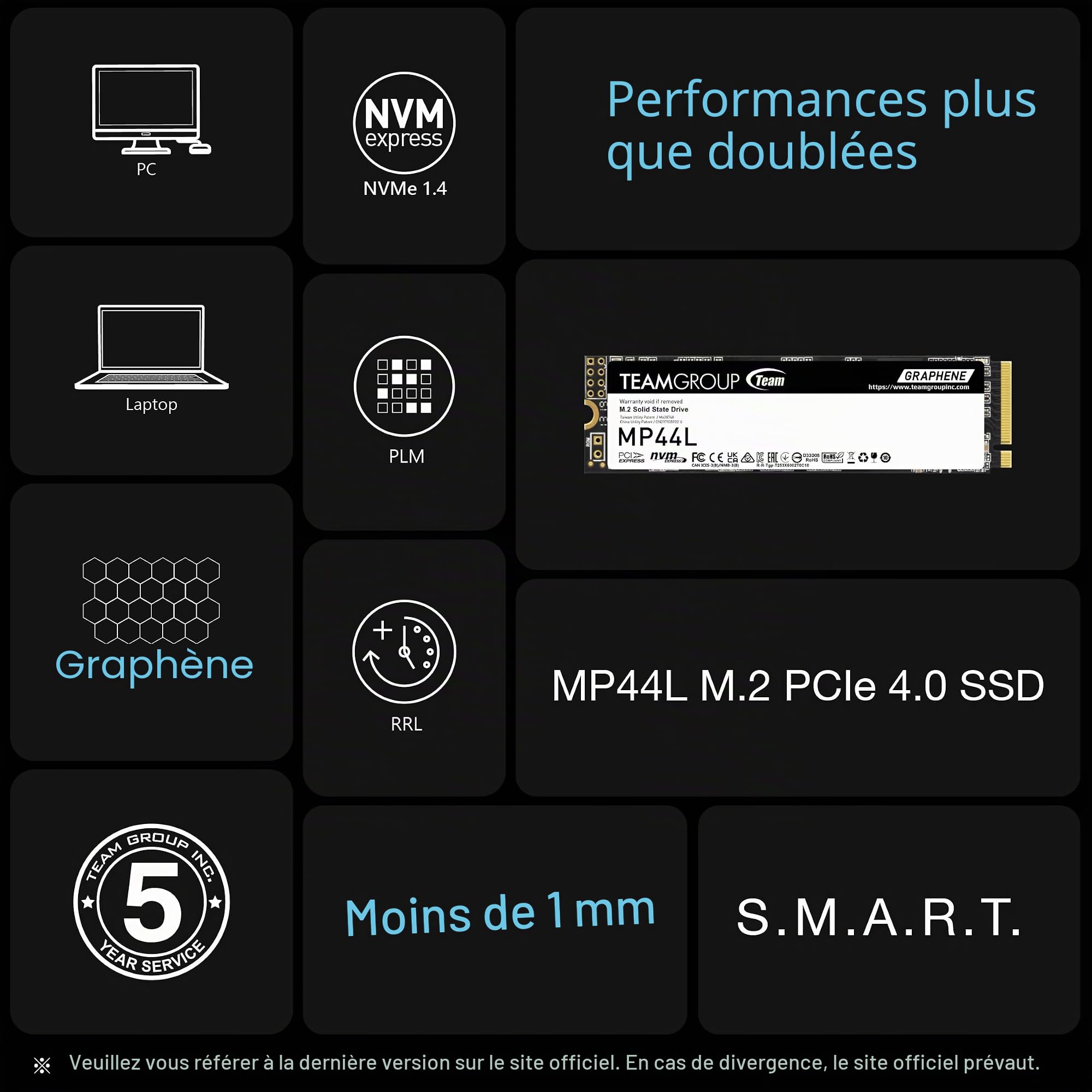 TEAMGROUP MP44L 2 To SLC Cache NVMe 1.4 PCIe Gen 4x4 M.2 2280 SSD pour ordinateur portable et ordinateur de bureau Vitesse R/W jusqu'à 4 800/4 400 Mo/s) TM8FPK002T0C101