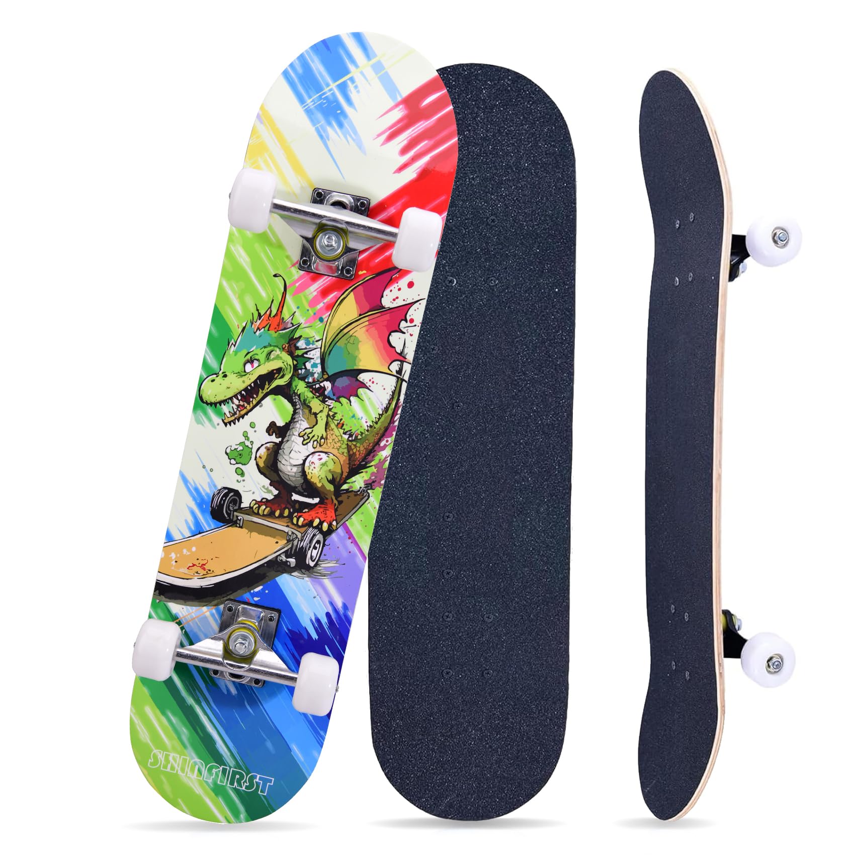 Skateboards for Beginners Kids Boys Girls Teens and Adults, 31 Inch Complete Standard Skateboards with 7-Layer Maple Double Kick Deck Unicorn and Skull Design
