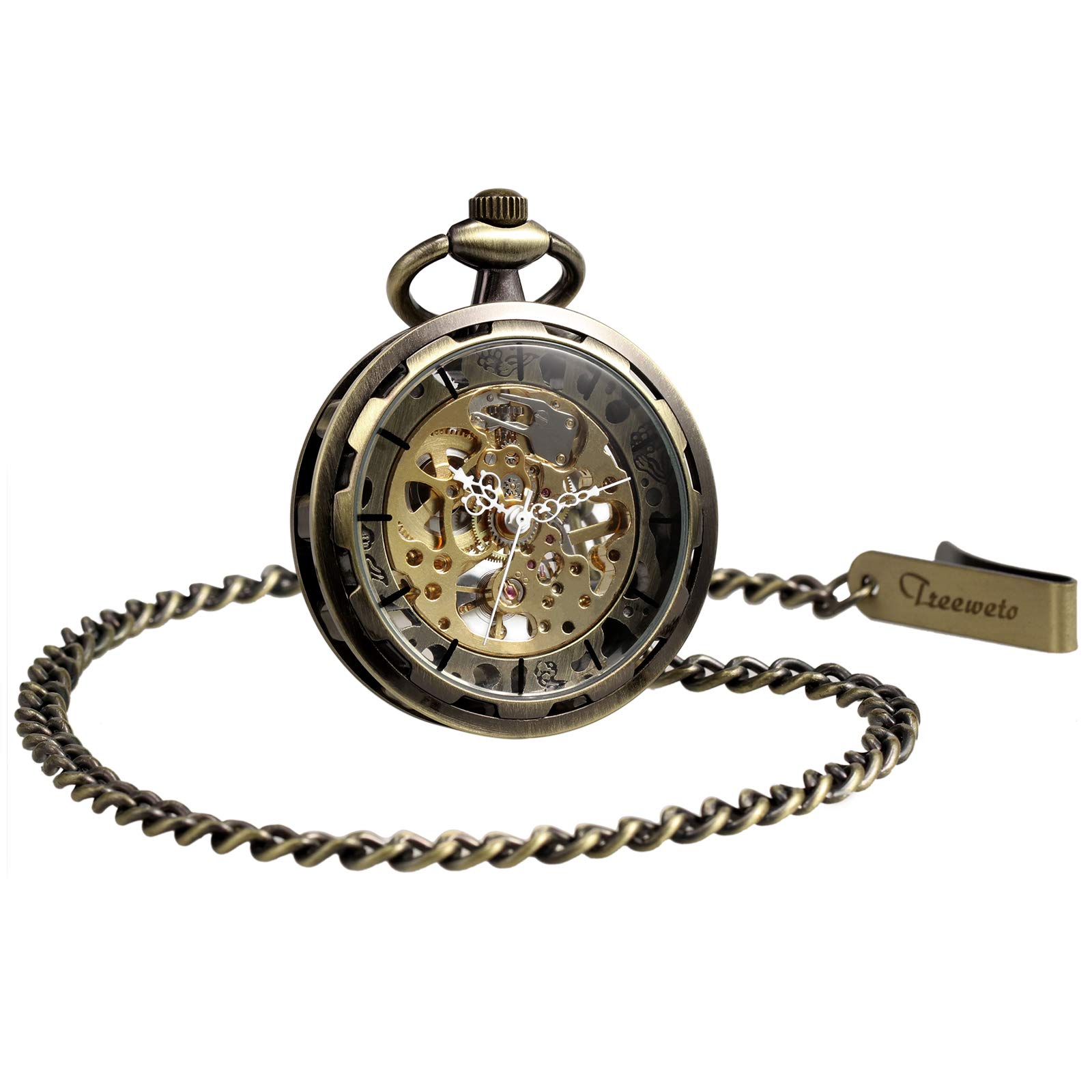 TREEWETO - Montre Gousset avec chaîne - pour Homme - Analogique - Remontage Manuel - Visage Ouvert - Mouvement Squelette - Bronze