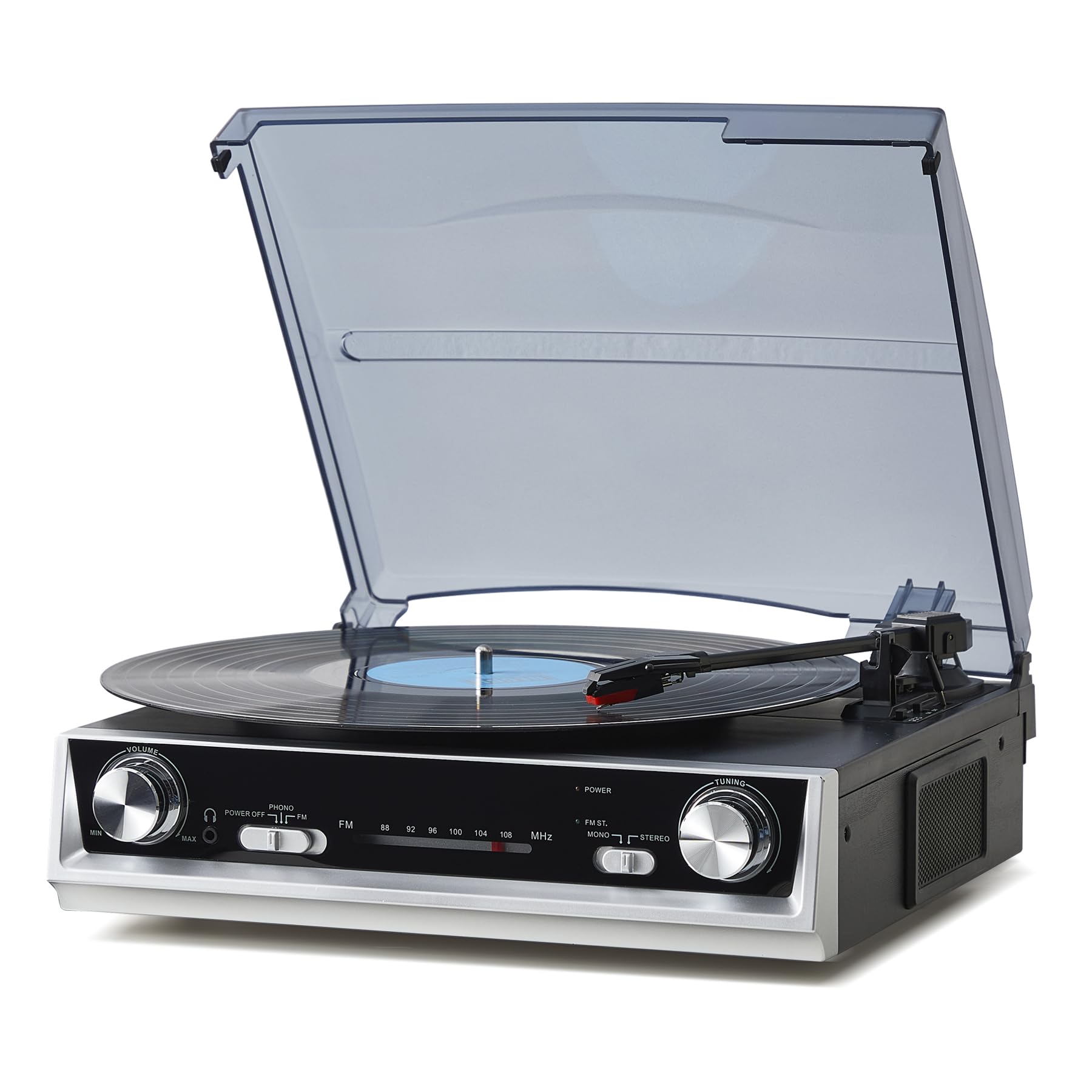 Vintage All-in-One Schallplattenspieler mit eingebauten Lautsprechern, 3-Geschwindigkeiten 33/45/78 U/min, FM-Radio, RCA & Kopfhörer-Ausgang, Schwarzes Holz — Kein Bluetooth