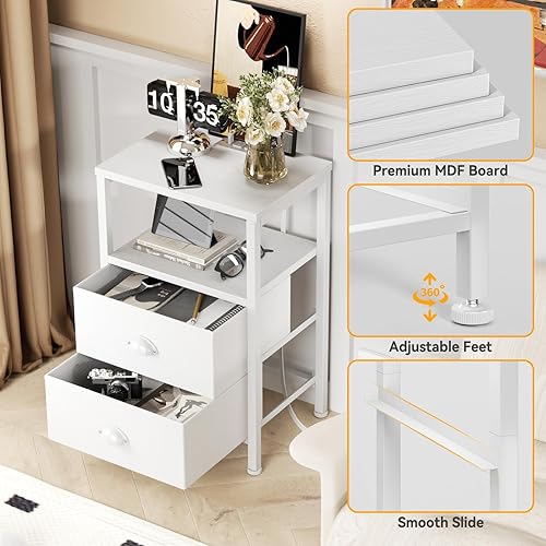 Miniatura 6 de Furologee Juego de 2 mesitas de noche, juego de 2 mesas auxiliares con estación de carga y luces LED, mesitas de noche blancas con 2 cajones de