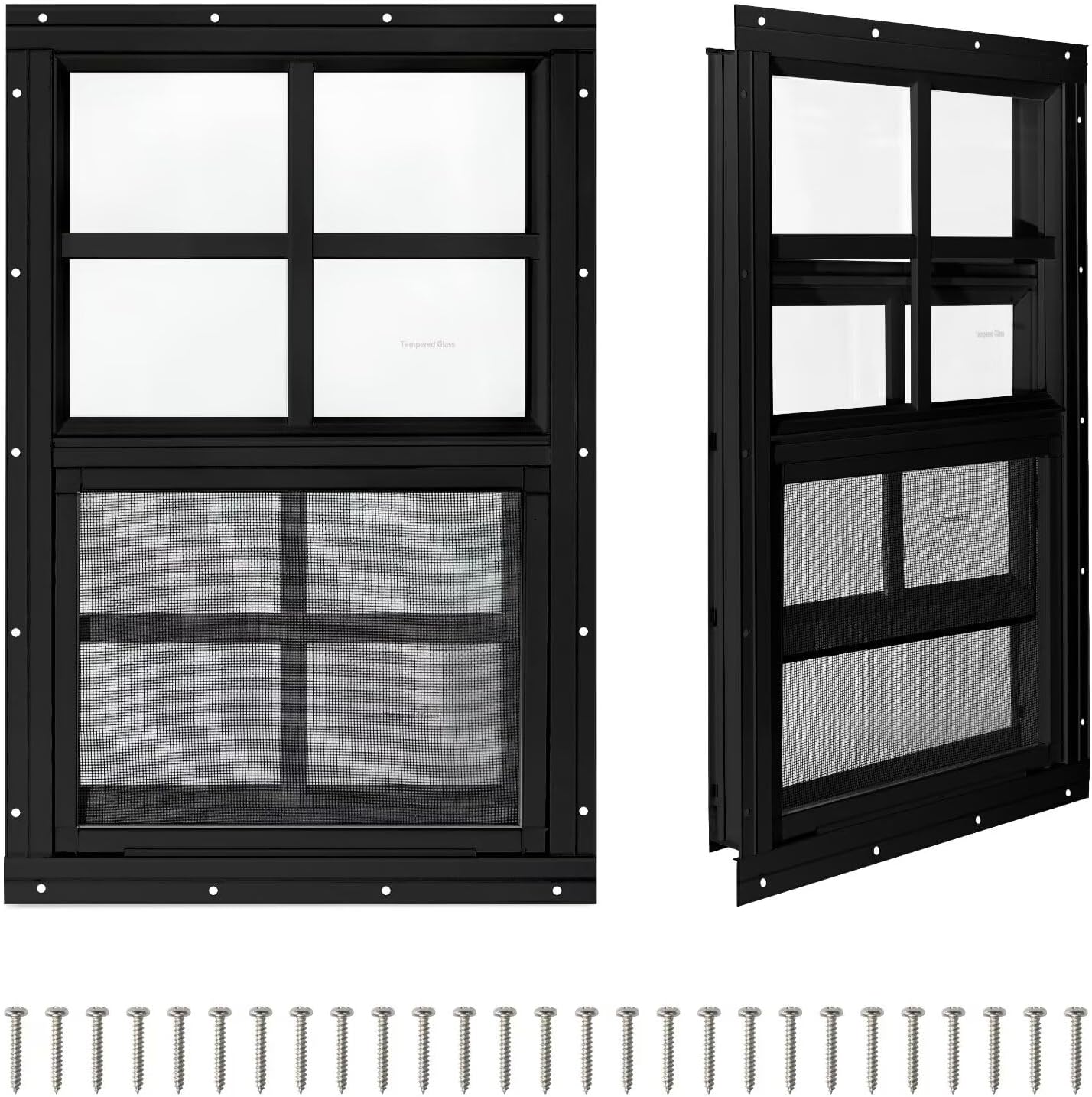COLORPAPA 2 Pack Shed Windows,24" x 27" Small Sliding Windows,Flush Mount Windows with Tempered Glass and Fiberglass Screen for Shed, Chicken Coop, Playhouse, Household, Garage, Barns (Black)