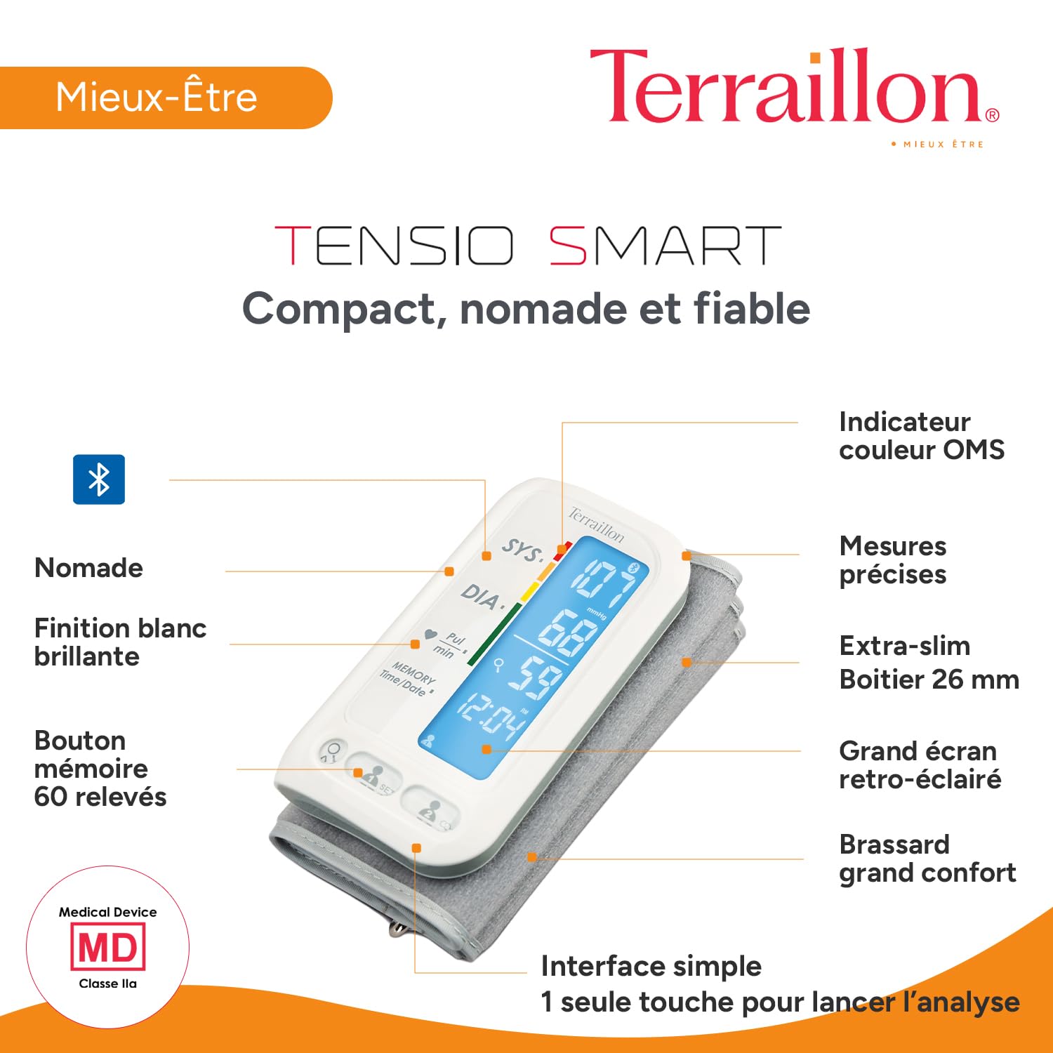 TERRAILLON – TENSIO SMART, Tensiomètre Bras Connecté, Bluetooth, Tension Artérielle, Rythme Cardiaque, Indicateurs couleur, 2 profils, 60 Mémoires, Dim. brassard 22-32cm, Blanc
