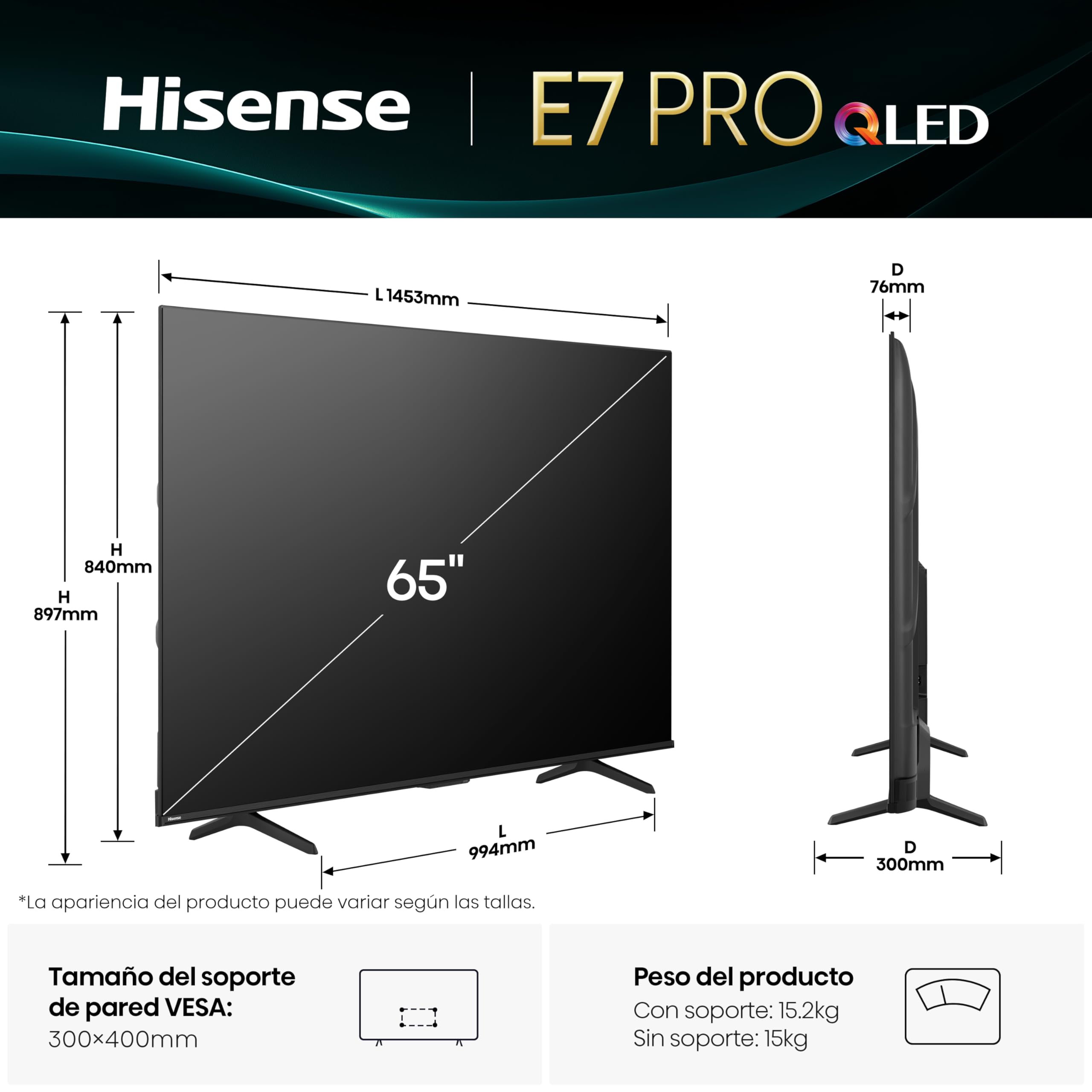 Hisense 65E7Q Pro - QLED Smart TV, Gaming TV, Modo Juego Pro 144Hz, AMD Freesync Premium Pro, Dolby Vision IQ + Dolby Atmos, Hi-Concerto, Procesador Hi-View Engine