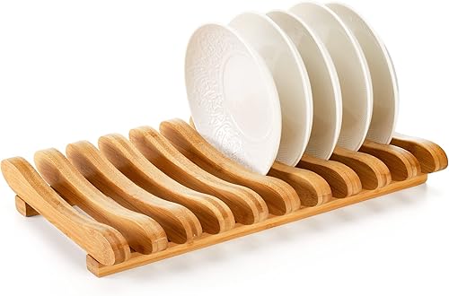 Frcctre Escurridor de platos de bambú, 10 ranuras, soporte de placa de gabinete de bambú, escurridor de platos, estante de platos de madera, soporte