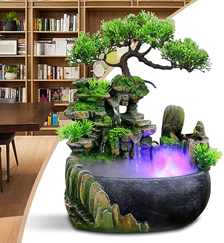 Fuente de escritorio cascada con bomba automática, fuente de mesa con luz LED, cascada de relajación interior, fuente de meditación Feng-Shui para