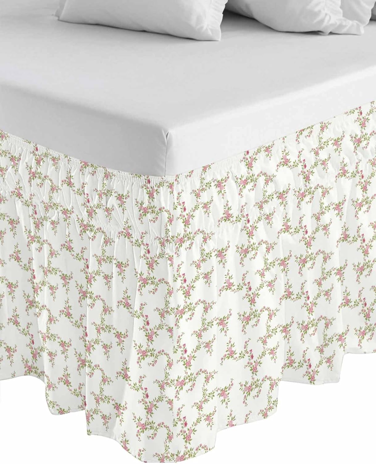 Pink Green Flower Floral Bed Skirt Queen Size 18 Inch Drop,Country French Romantic Botanical Adjustable & Elastic Wrap Around Bed Skirts Pleated Luxury Dust Ruffles for Queen Cal King Base Bed