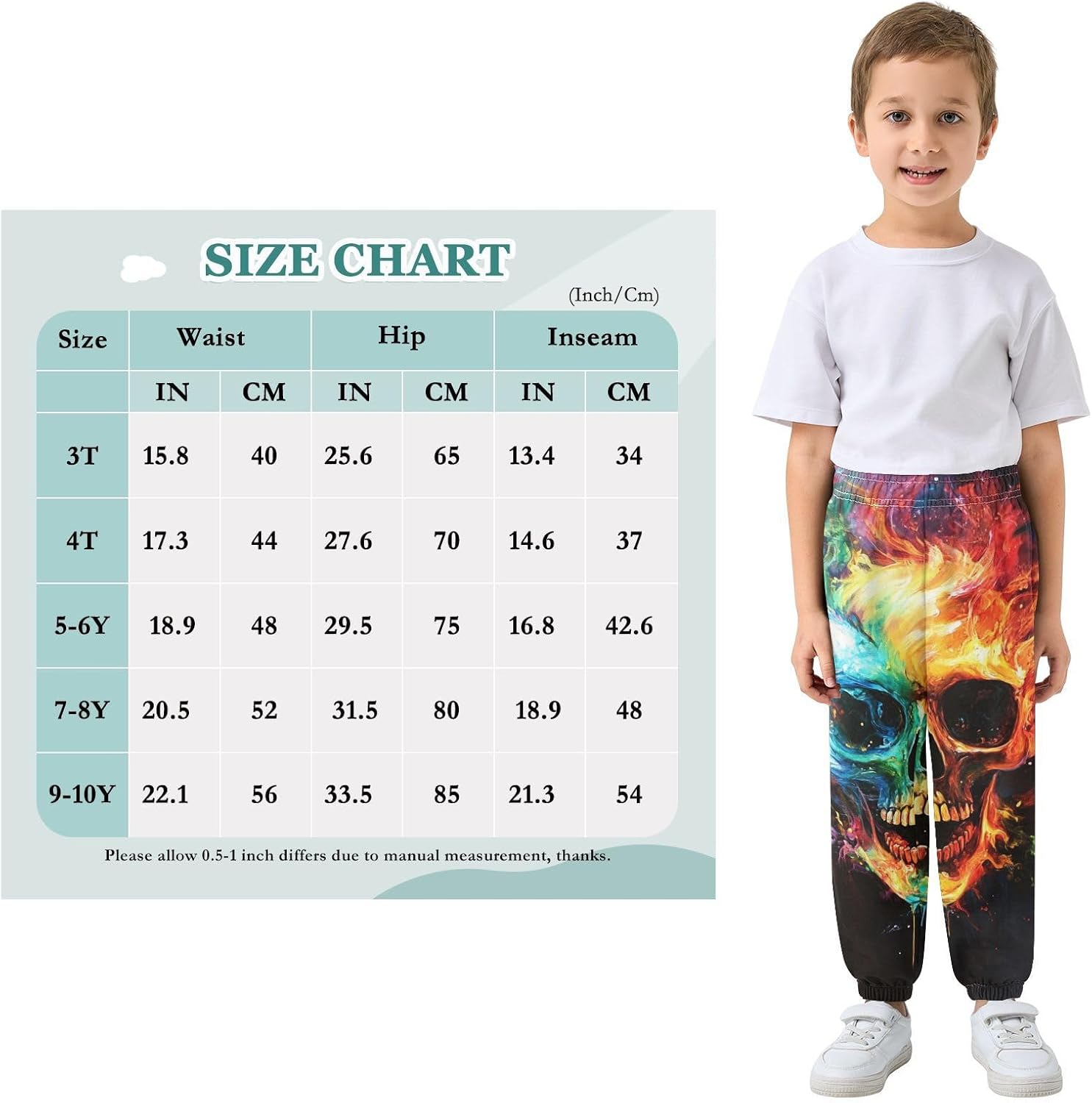 Boy Sweatpants Colorful Flames Skull Joggers Casual Athletic Pants Kids Elastic Waist Cuffed with Pockets