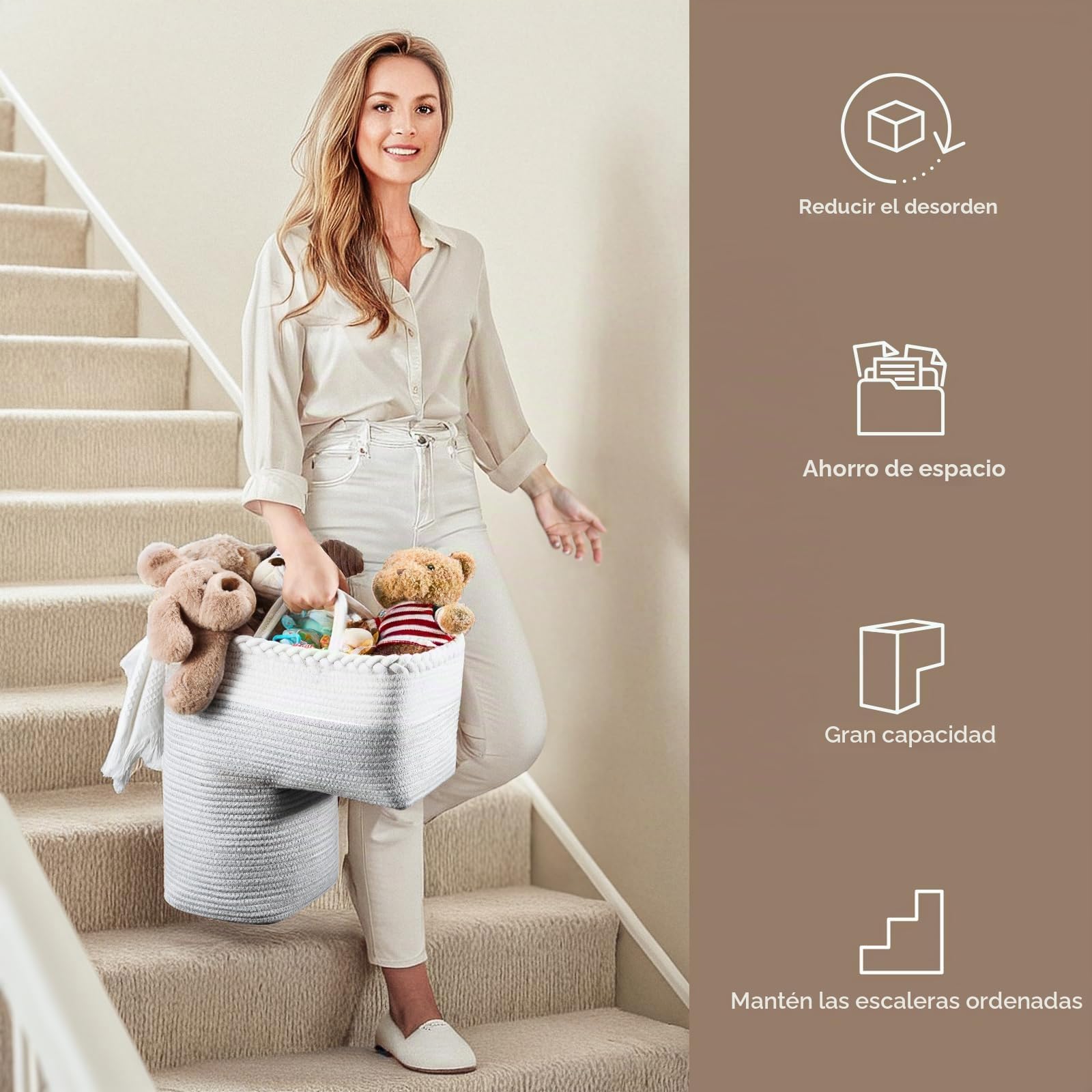 Puricon Cestas de Escalera, Cesta Plegable de Algodón de Almacenamiento con Asa Organizador de Escalera en Forma de L -Gris