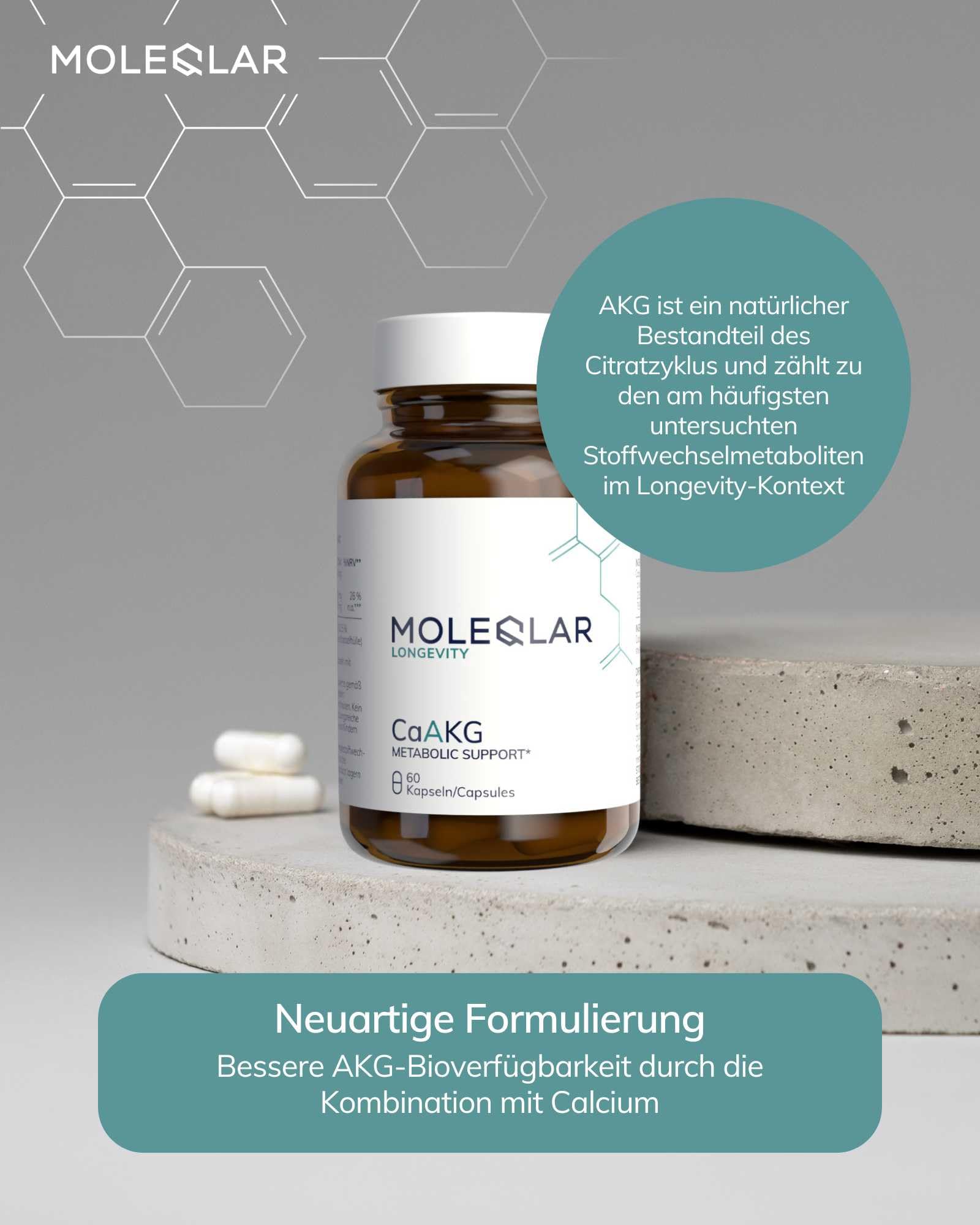 MoleQlar CaAKG (Calcium-Alphaketoglutarat) Kapseln 60 Stück - Nahrungsergänzungsmittel mit Calcium & Alphaketoglutarat - 1000 mg Ca-AKG pro Portion - Monatsvorrat