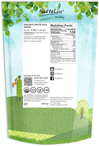 Miniatura 2 de Food to Live Semillas orgánicas de chía blanca, 3 libras, enteras, crudas, kosher, keto, sirtfood, veganas, a granel. Ricas en Omega 3, Omega 6,