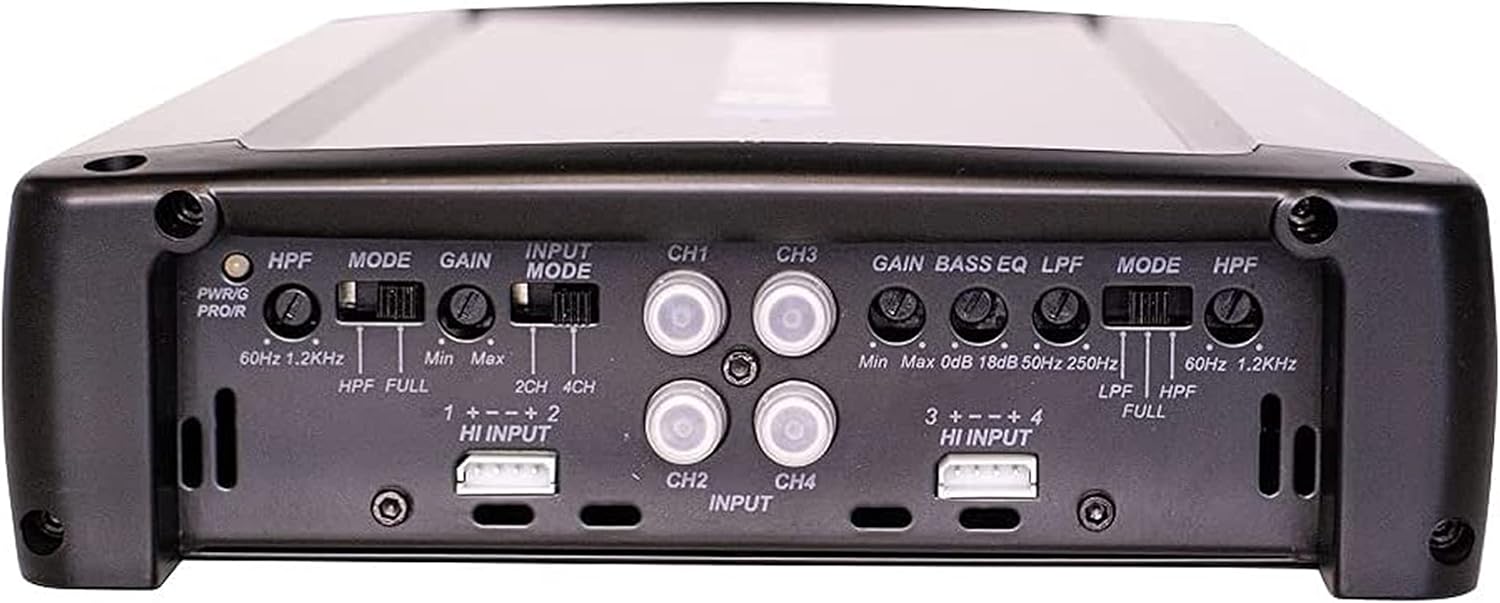 Control panel of BLAUPUNKT AMP1604 amplifier showing gain, crossover, and input mode controls