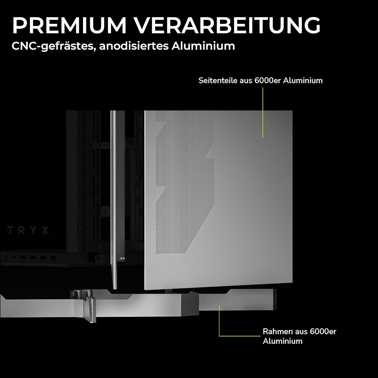 TRYX LUCA L70 PC Case showing aluminum side panel and frame
