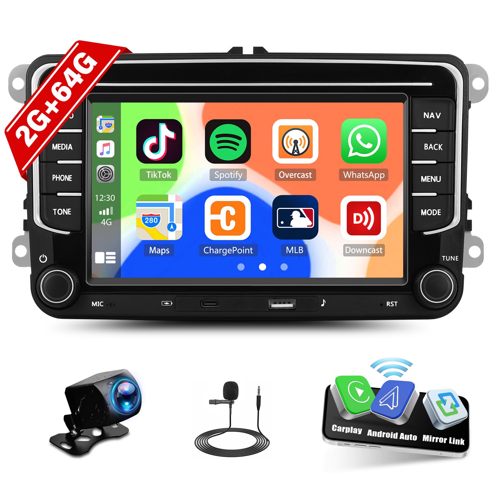 2G+64G Android Car Radio for VW Passat Golf Jetta Golf Tiguan Wireless Apple CarPlay Android Auto Double Din 7 Inch Touch Screen Bluetooth GPS Navigation WiFi FM/RDS USB/Type-C + Backup Camera Mic