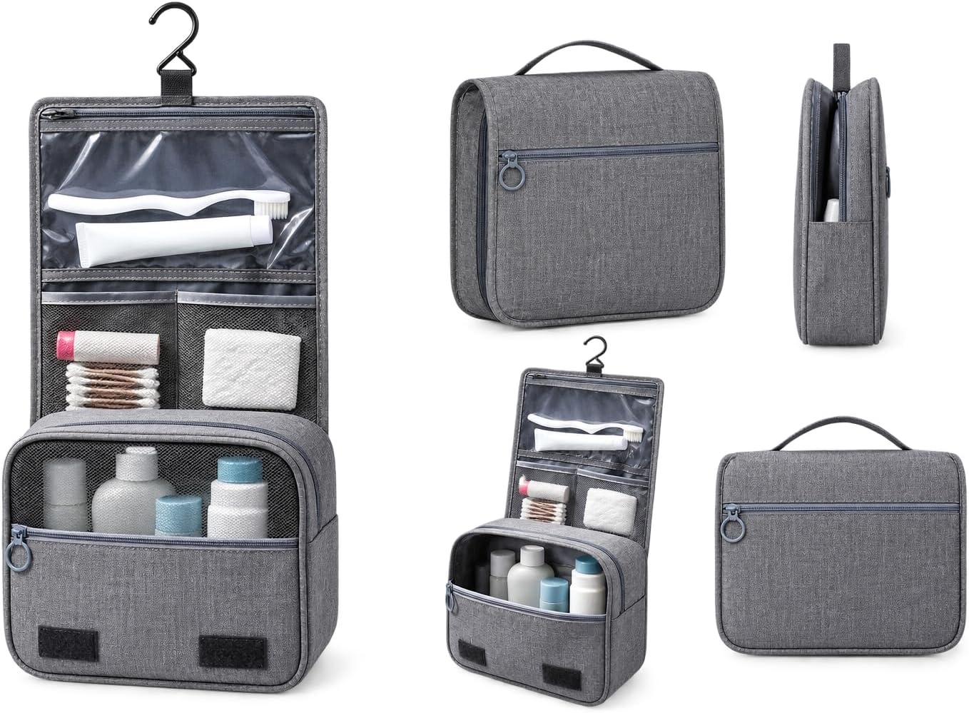 Travel Toiletry Organizer Bag Hanging with Clear Compartments, 6 Pocket Waterproof Cosmetic Case for Bathroom Accessories, Portable Grey Wash Bag 24x42cm