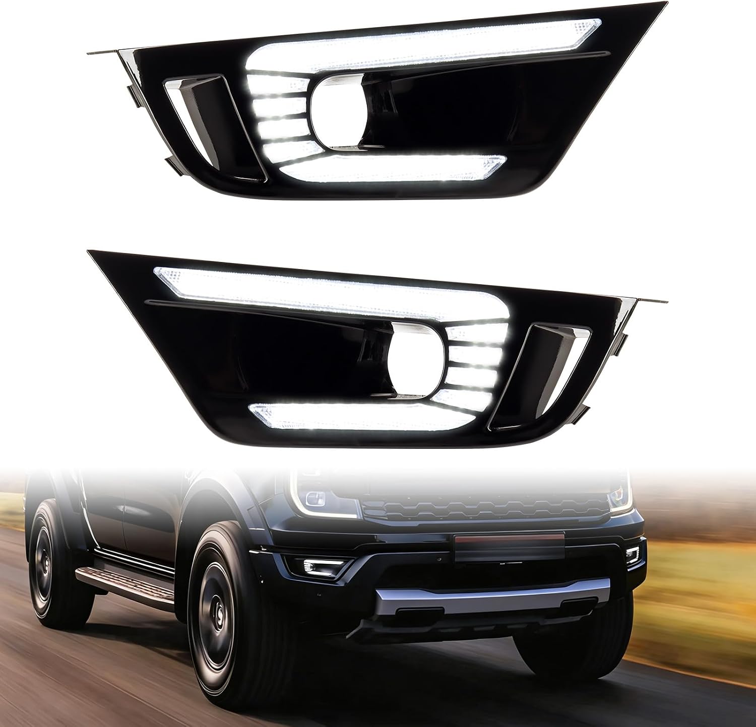 Astra Depot Daytime Running Light Fog Lamp DRL Dynamic Sequential Turn Signal Dual-Colors LED with Wire Harness Compatible with 2022-2024 Ford Ranger Raptor Crew Cab Pickup 4-Door