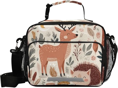 Beige Moon Deer Hedgehog Leaves Lunch Bag Box Organizer Double Insulated Lunch Holder Waterproof and Reusable Meal Bags for Teens Women Men Girls Boys