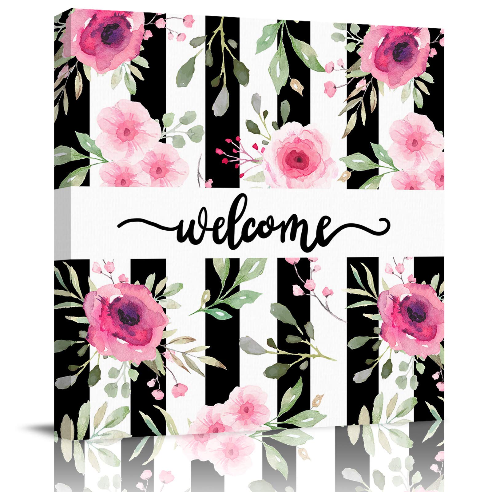 Amazon.com: Canvas Prints Bathroom Wall Art Framed Wall Decor, Welcome  Spring Pink Flower Black and White Stripes Wall Paintings Print Artwork for  Living Room Bedroom Kitchen Decorations Ready to Hang 28x28in: Posters