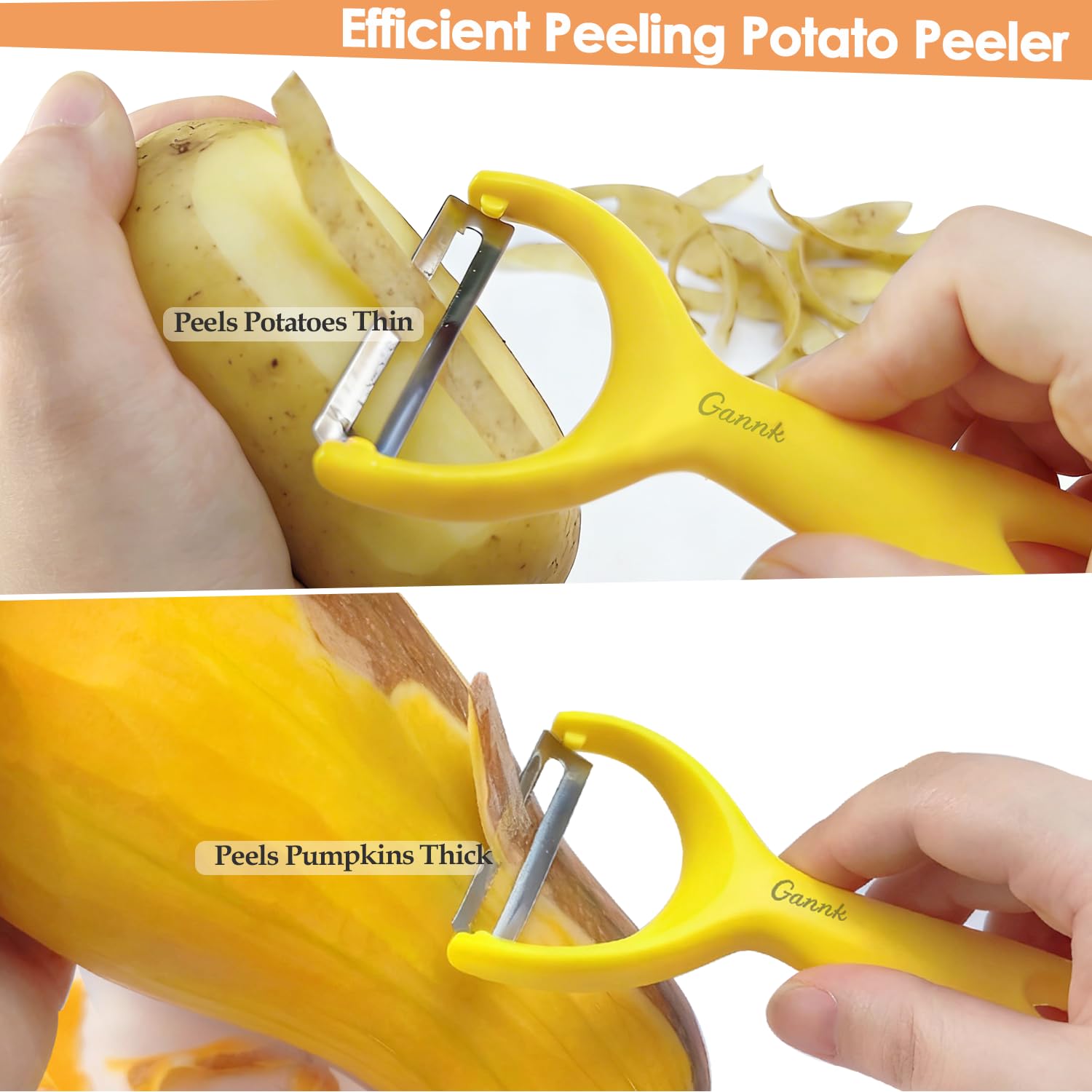 GANNK Pelador de patatas y verduras para cocina, cuchillas de acero inoxidable ultra afiladas, fácil de pelar, manzana, fruta, verduras, zanahoria, pepino, con pelador de naranja, apto para