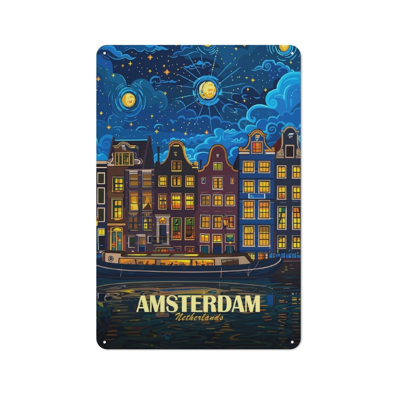 Vintage Metal Plaque 30x20cm Featuring Amsterdam Netherlands Night Cityscape Art, Diner Style Decor for Restaurant, Kitchen, Counter Or Breakfast Nook