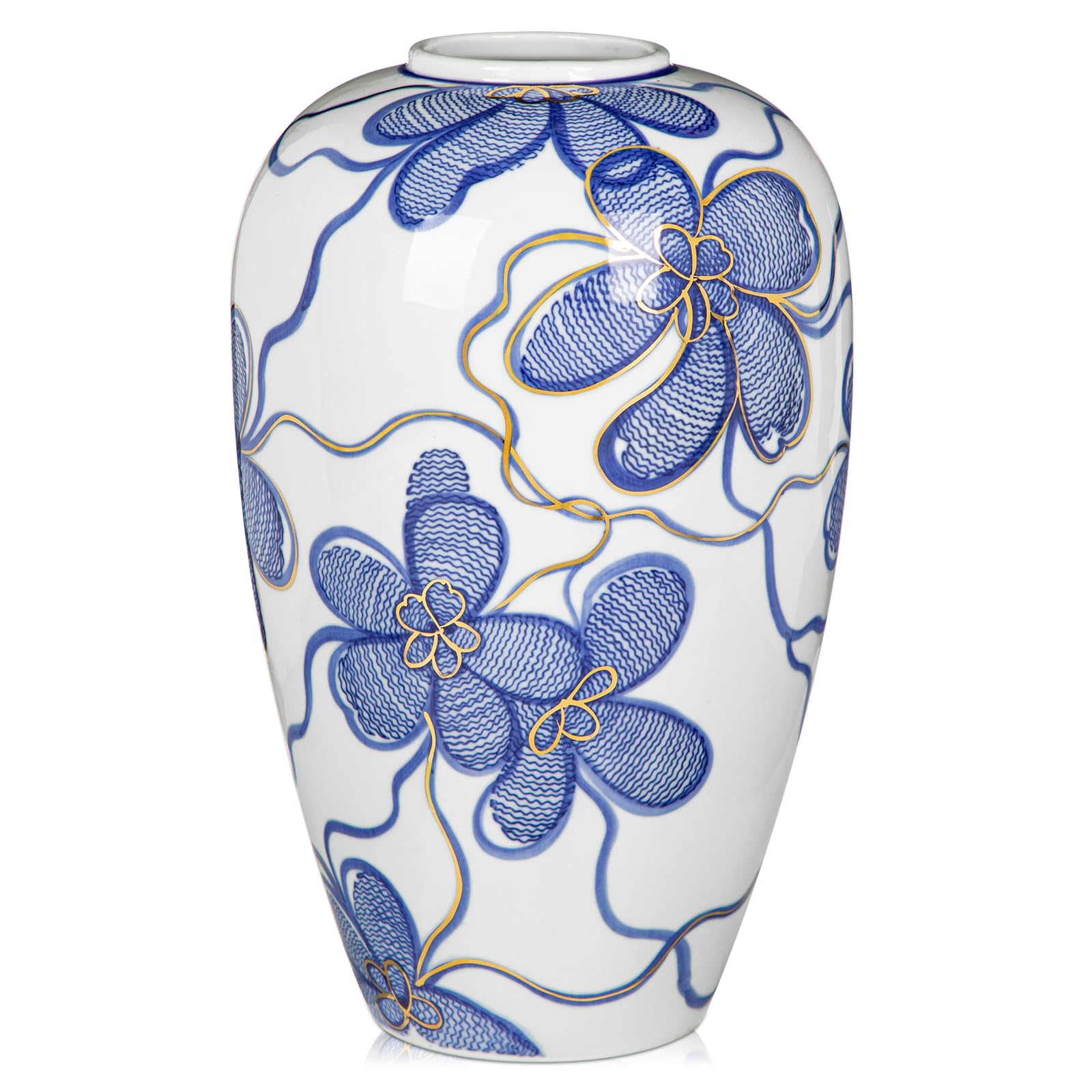 Keramikvase Blau-Weiß mit Goldverzierung – Handbemalte Blumenvase im asiatischen Stil – Chinoiserie Wohnaccessoire Höhe 27,5cm – Ideal für Trockenblumen, Deko oder Geschenk