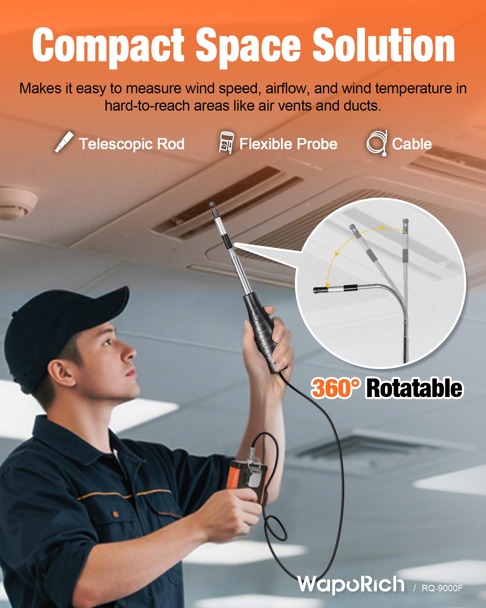 Thermisches Windmesser Windmessgerät, WapoRich Hitzdraht-Anemometer HVAC CFM Meter misst Windgeschwindigkeit, Temp(℃/℉), CMM/CMS/CFM mit MAX/MIN, Data Hold - RQ-9000F