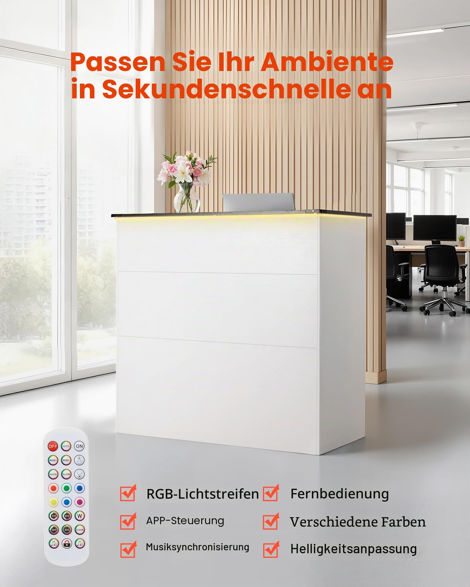 VEVOR Empfangstheke 127,5 cm Lang, Rechteckige Rezeptionstheke mit Lichtleiste & 3 Schubladen & Stauschränken, Empfangstresen für Kasse Lobby Schönheitssalon Büro Hotel, Verkaufstheke Bürotheke