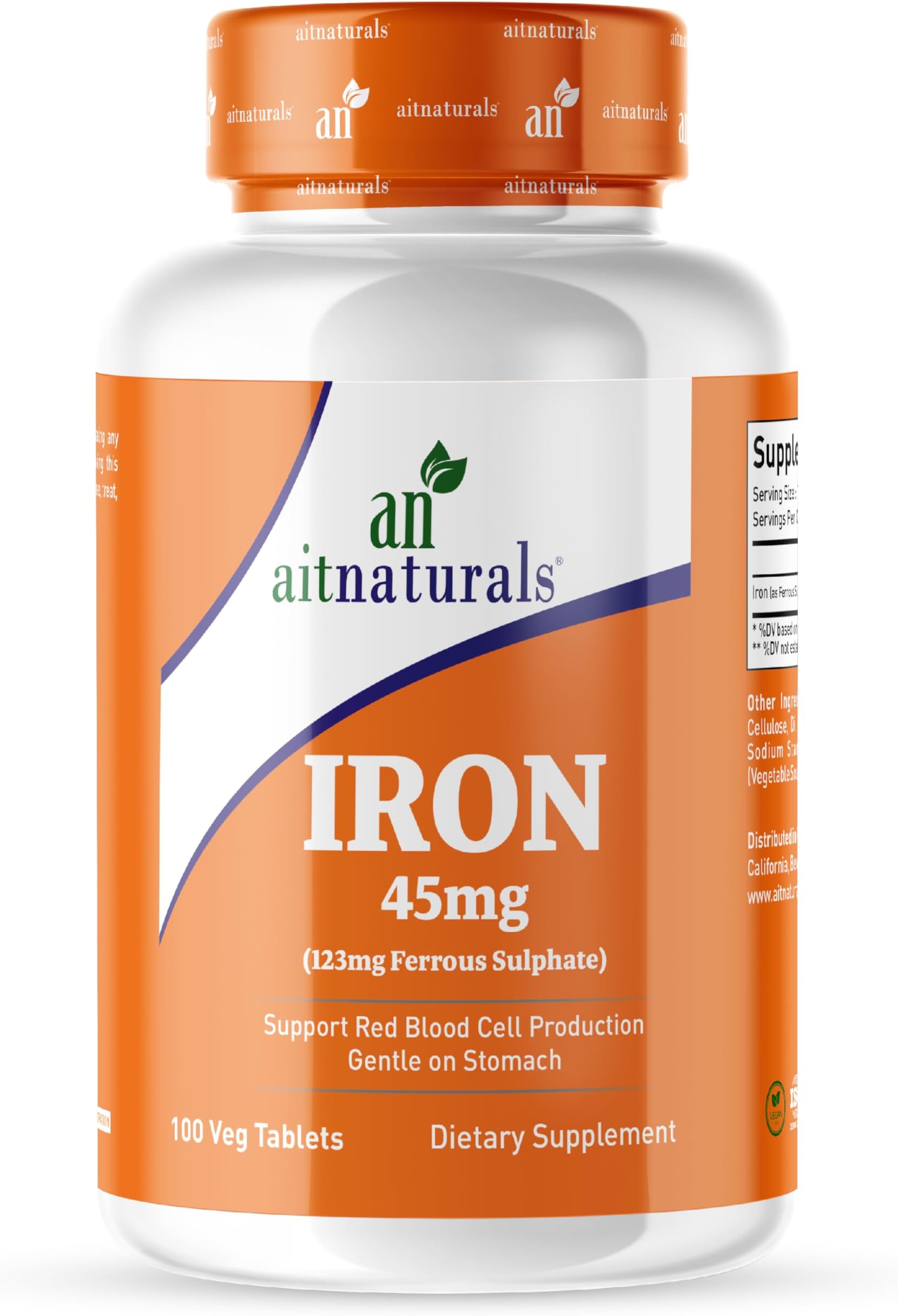 Iron - 45mg (100 Tablets)| High potency Ferrous Sulphate for Red Blood Cell Production, Active Brain Function, Prevent Iron Deficiency| Enhance Muscle growth& Regulate Body Temperature