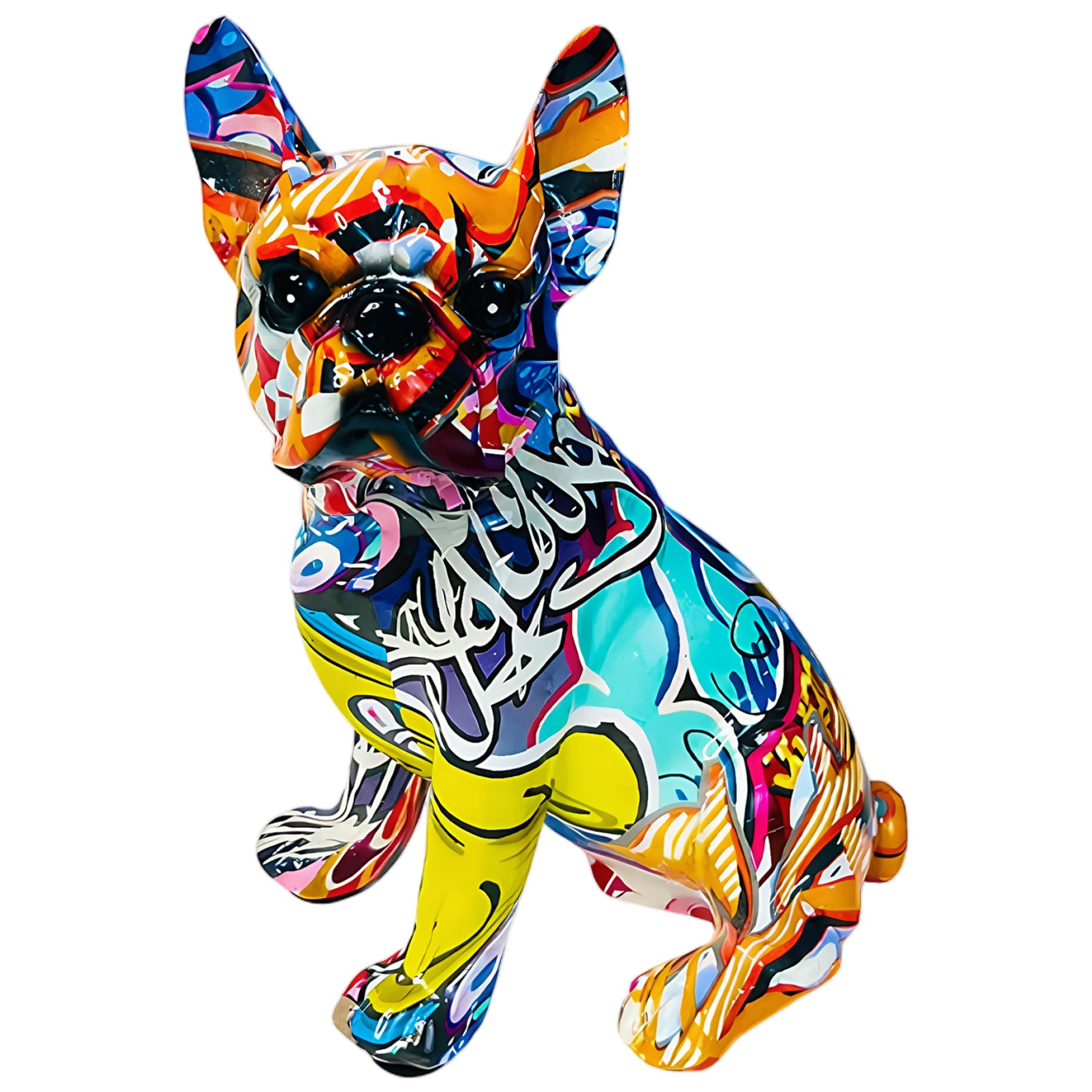 Statue de bouledogue français en résine graffiti pour déco salon colorée