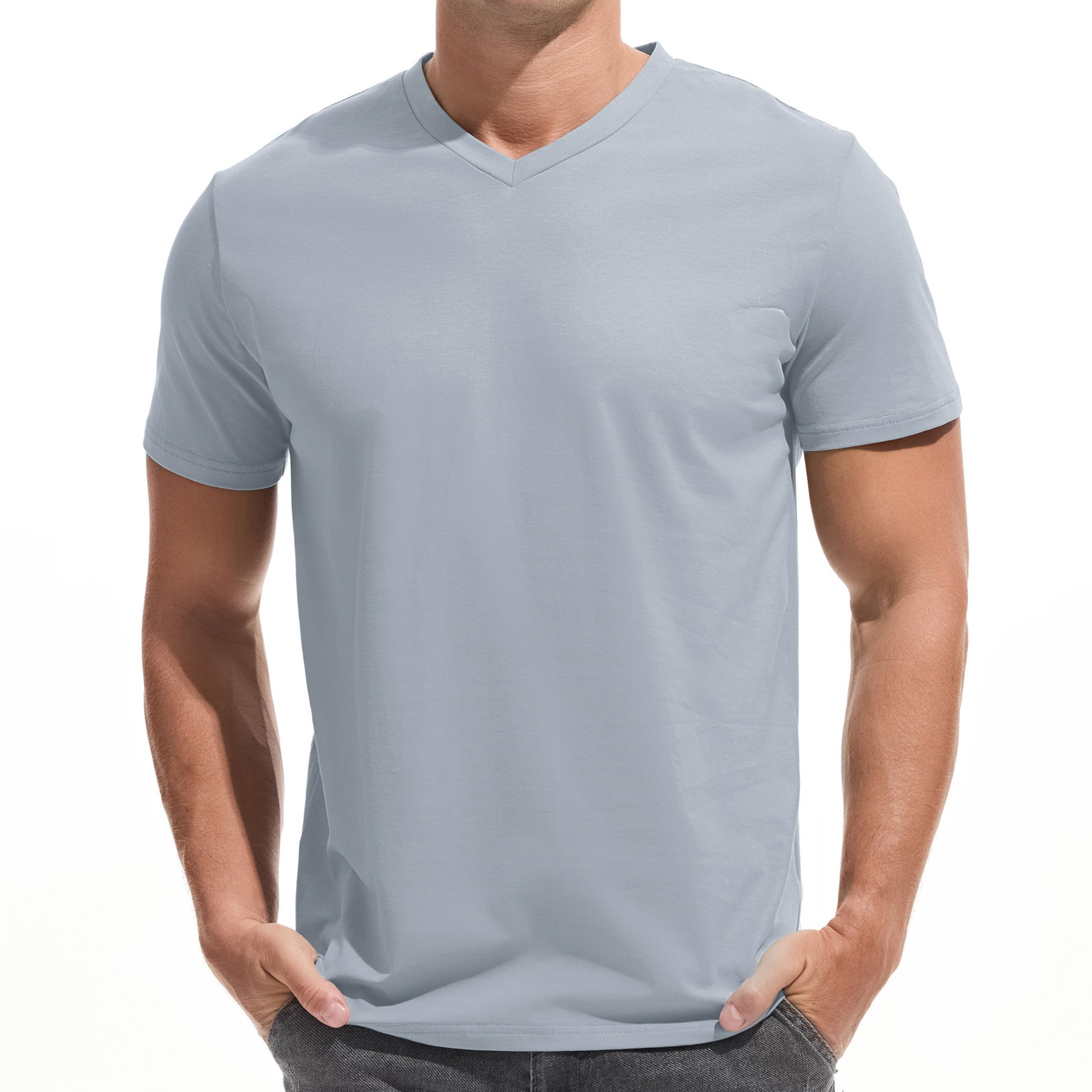 VEIISAR Herren V-Ausschnitt T-Shirt, 190g/m², Regular Fit, einfarbig, Stretch Material, weiches Basic Shirt (V8 Sky Blue XL)