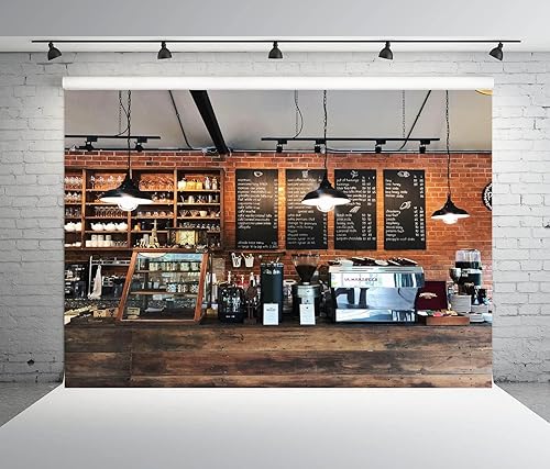 Miniatura 2 de BELECO Telón de fondo de tela de 7 x 5 pies para fotografía, cafetería, cafetería, interior, pared de ladrillo vintage, fondo de madera para
