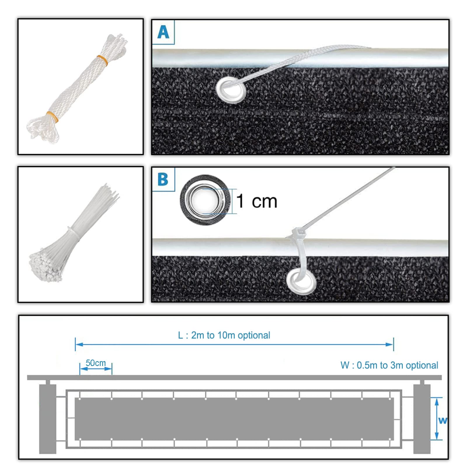 Malla Impermeable y Resistente a los Rayos UV de 90x700 cm para Campos Deportivos con Ojales, Cordones y ataduras - Gris. Solución de Sombra para Exteriores.