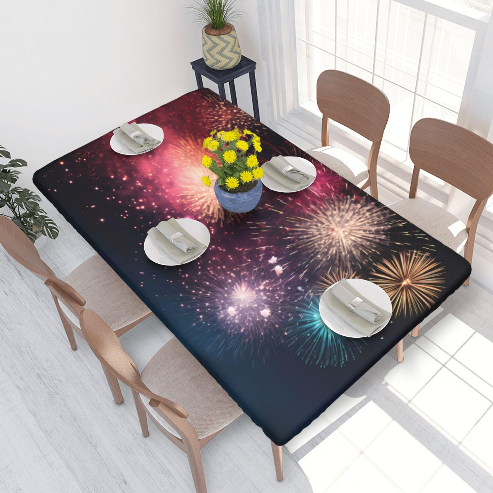 Explosion Firework Waterproof Square Table Cover Elastic Fitted Tablecloth Oil Proof Table Protector For 4ft Table