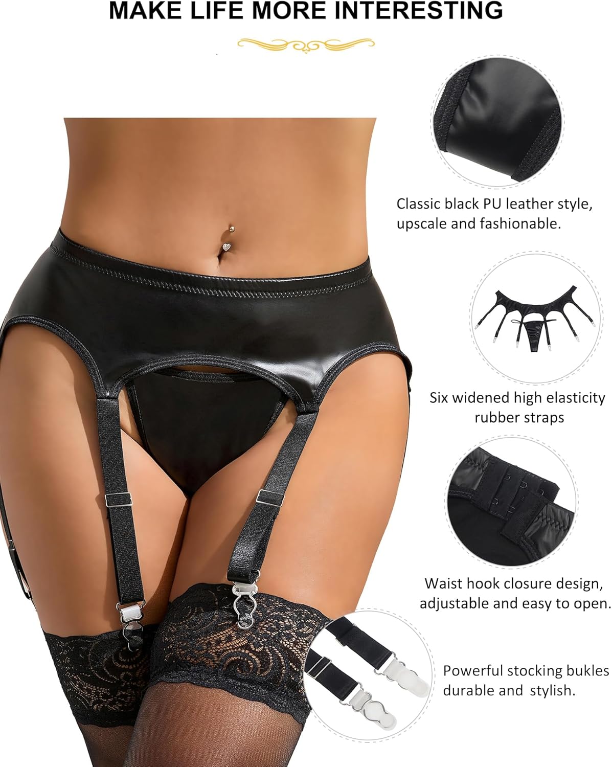 ohyeah Black Faux Leather Garter Belts 6 Strap Metal Clip Suspenders for Thigh Highs Stockings (with Sexy G-String Thongs) - Image 5