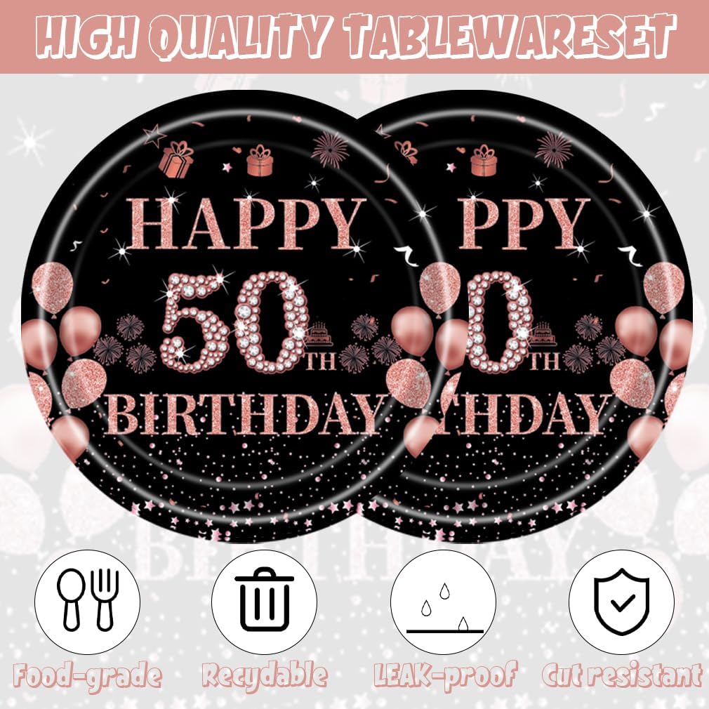 40Pcs Black and Pink 50th Birthday Party Decorations - Happy 50th Birthday Plates Napkins Set for 20 Guests - Image 3