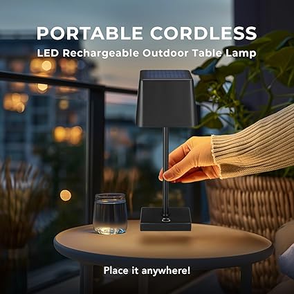 GLOBE GLOBE 12" Cordless Portable Outdoor Solar Operated LED Table Lamp, Matte Black, Dimmable, Rechargeable Battery, Charging Cable Included, Weather-Resistant Patio Bar Restaurants photo 3